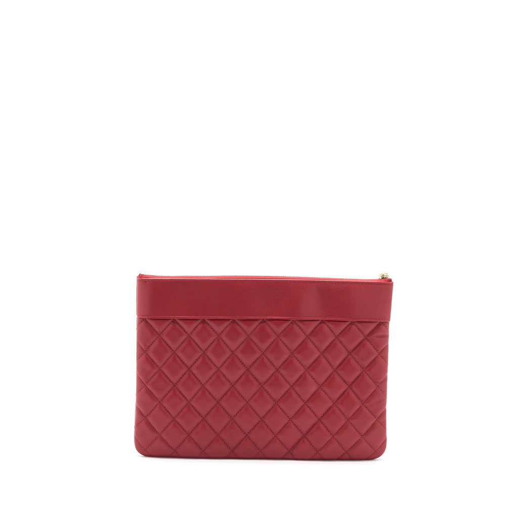 CHANEL CC LOGO QUILTED ZIP POUCH/CLUTCH CALFSKIN RED GHW