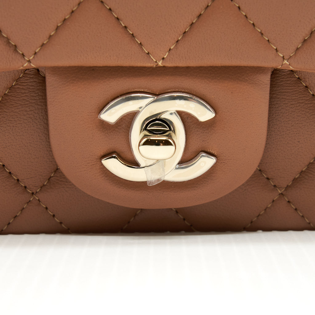 CHANEL 22S MINI SQUARE FLAP BAG LAMBSKIN CARAMEL LGHW (MICROCHIP)