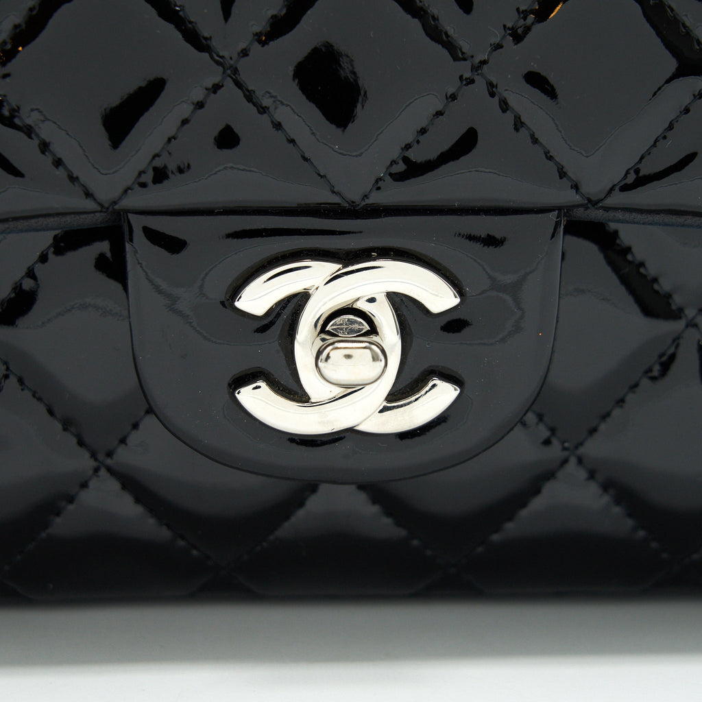 CHANEL PATENT LEATHER MEDIUM CLASSIC DOUBLE FLAP BAG BLACK SHW