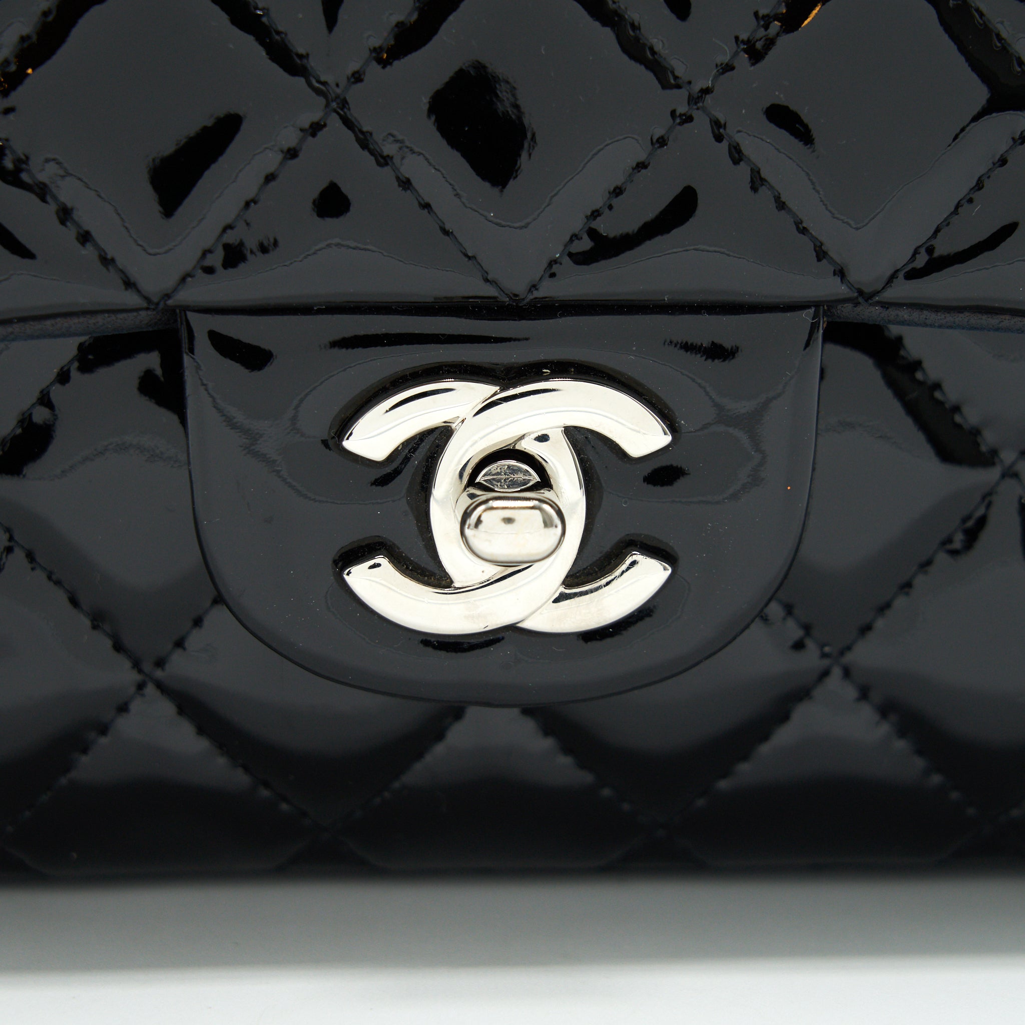 CHANEL PATENT LEATHER MEDIUM CLASSIC DOUBLE FLAP BAG BLACK SHW