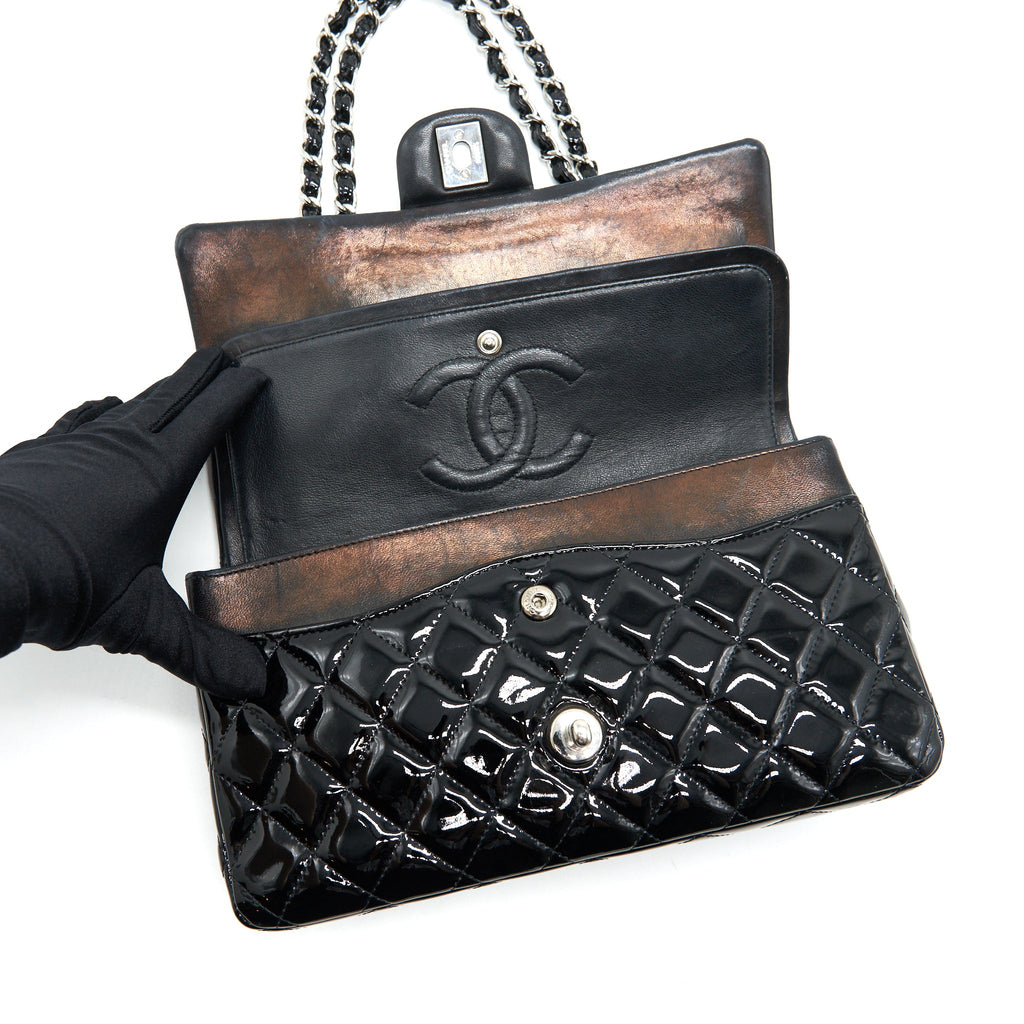CHANEL PATENT LEATHER MEDIUM CLASSIC DOUBLE FLAP BAG BLACK SHW