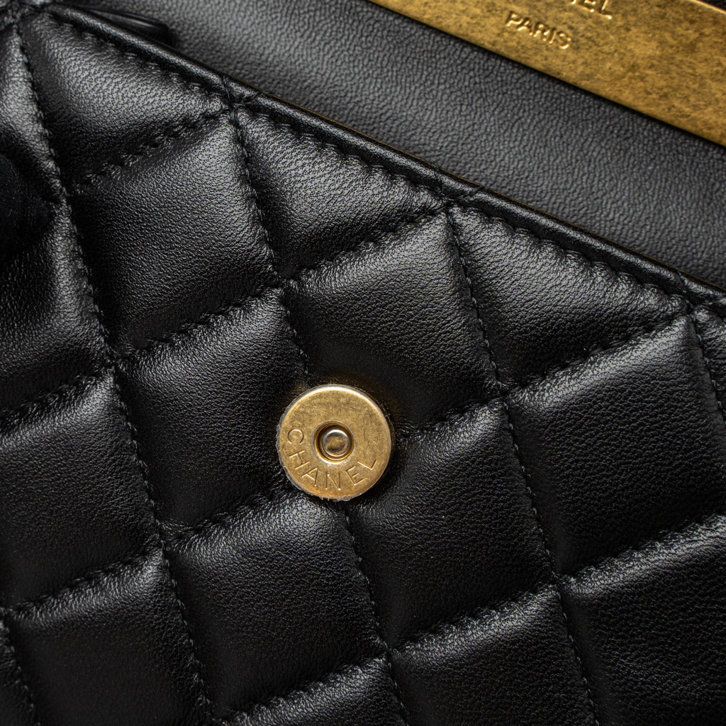 CHANEL 22B FLAP BAG ENAMEL TOP HANDLE LAMBSKIN BLACK BRUSHED GHW (MICROCHIP)