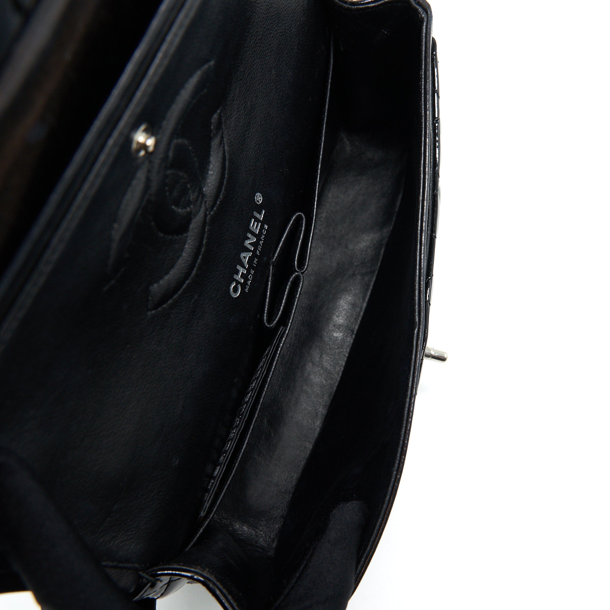 CHANEL PATENT LEATHER MEDIUM CLASSIC DOUBLE FLAP BAG BLACK SHW