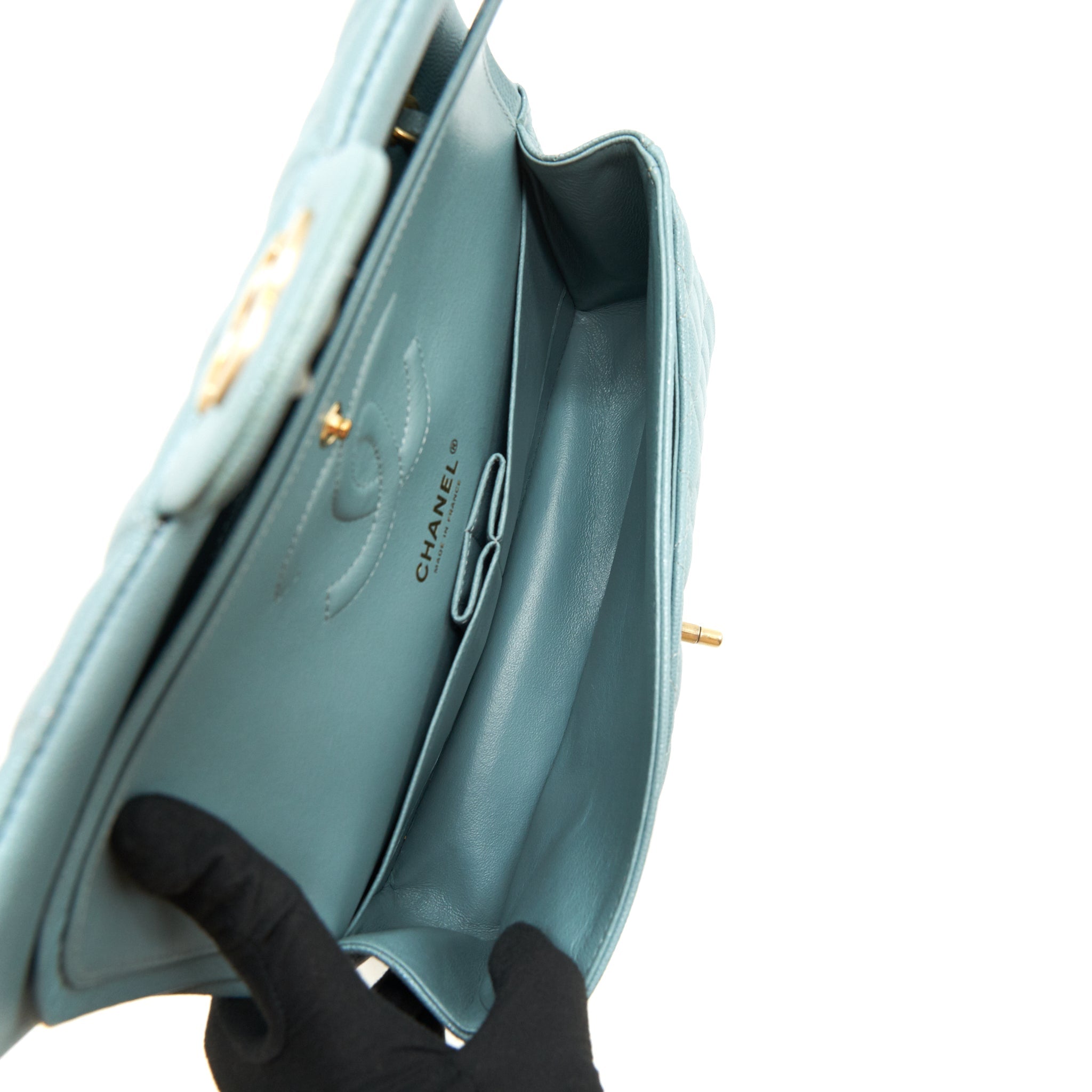 CHANEL CLASSIC DOUBLE FLAP BAG CAVIAR BLUE BRUSHED GHW