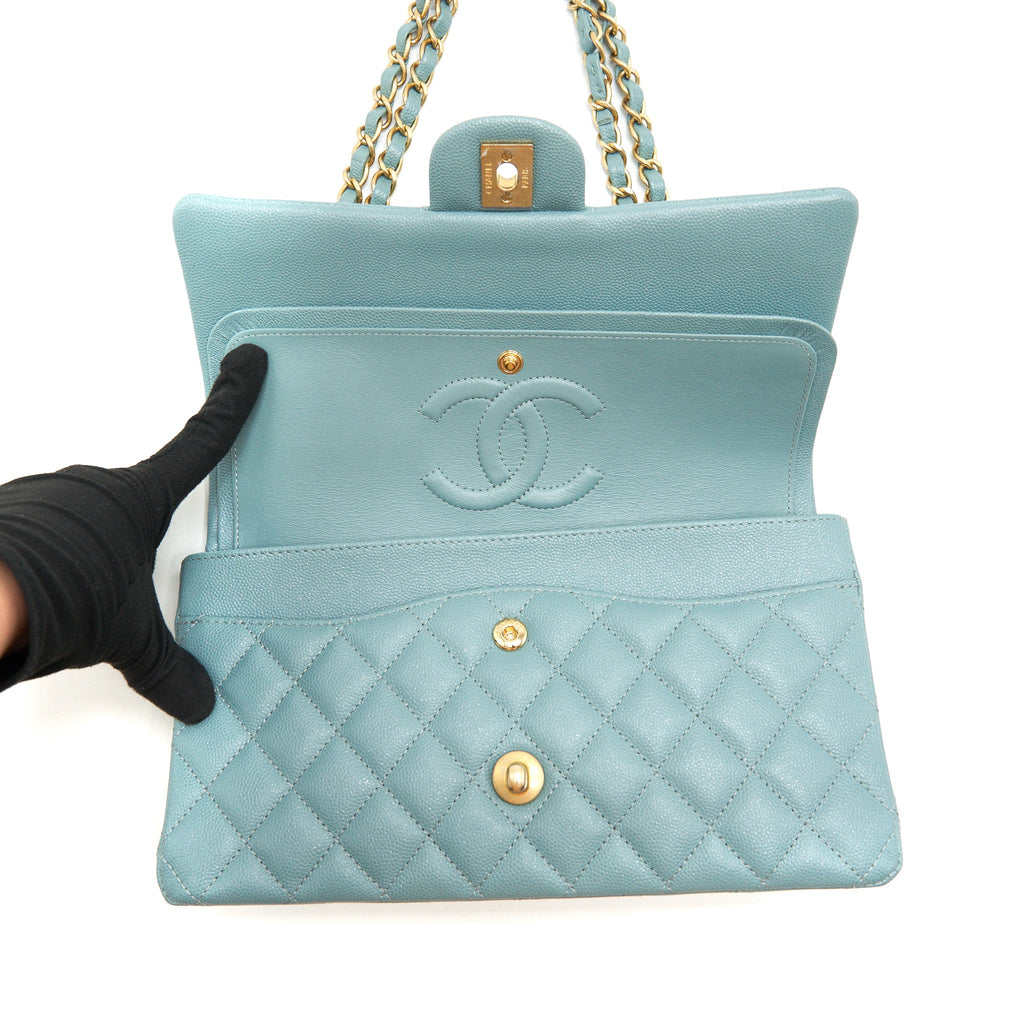 CHANEL CLASSIC DOUBLE FLAP BAG CAVIAR BLUE BRUSHED GHW