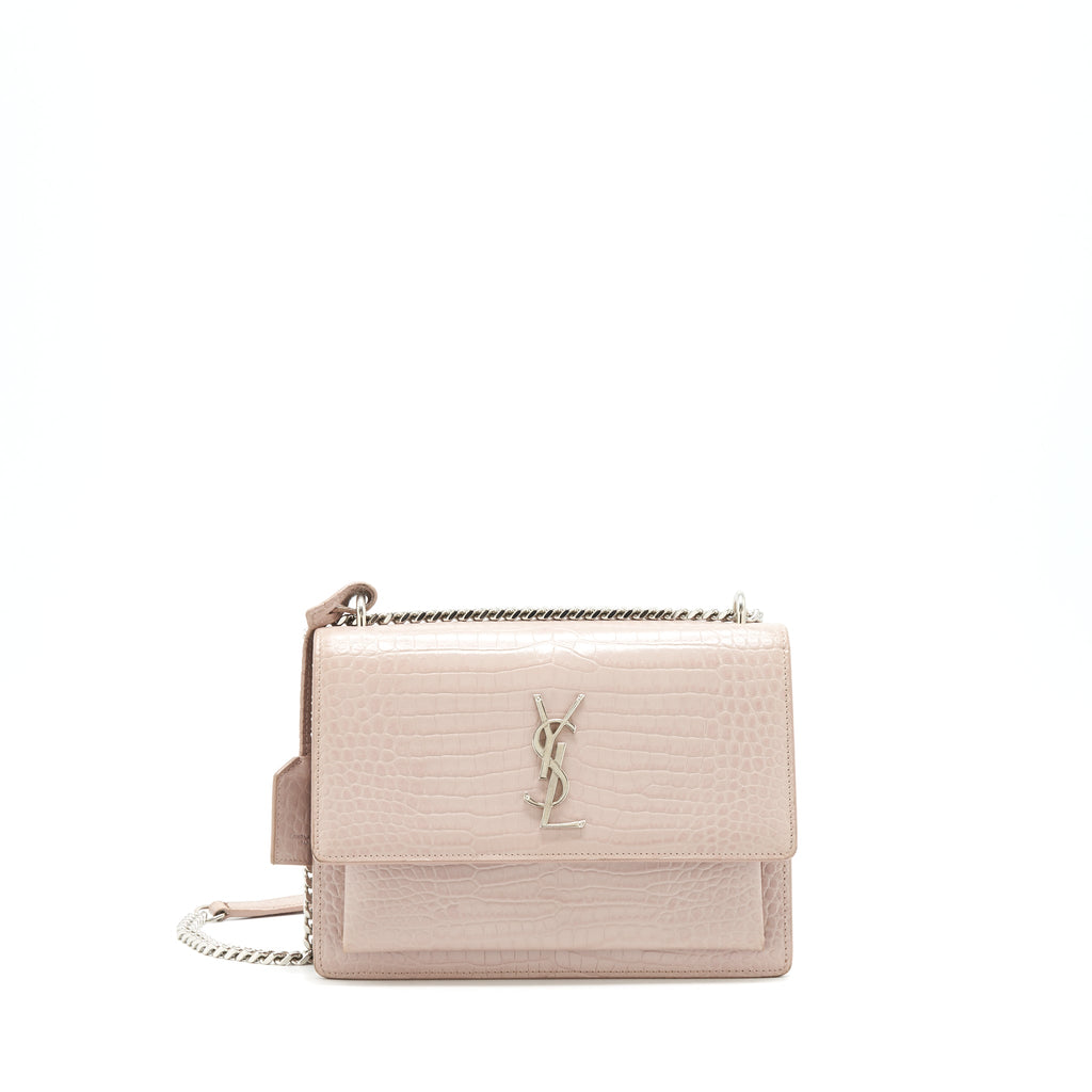 SAINT LAURENT SUNSET BAG CROCODILE EMBOSSED PINK SHW