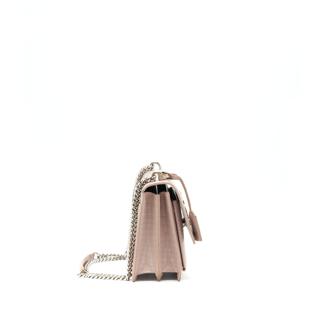 SAINT LAURENT SUNSET BAG CROCODILE EMBOSSED PINK SHW