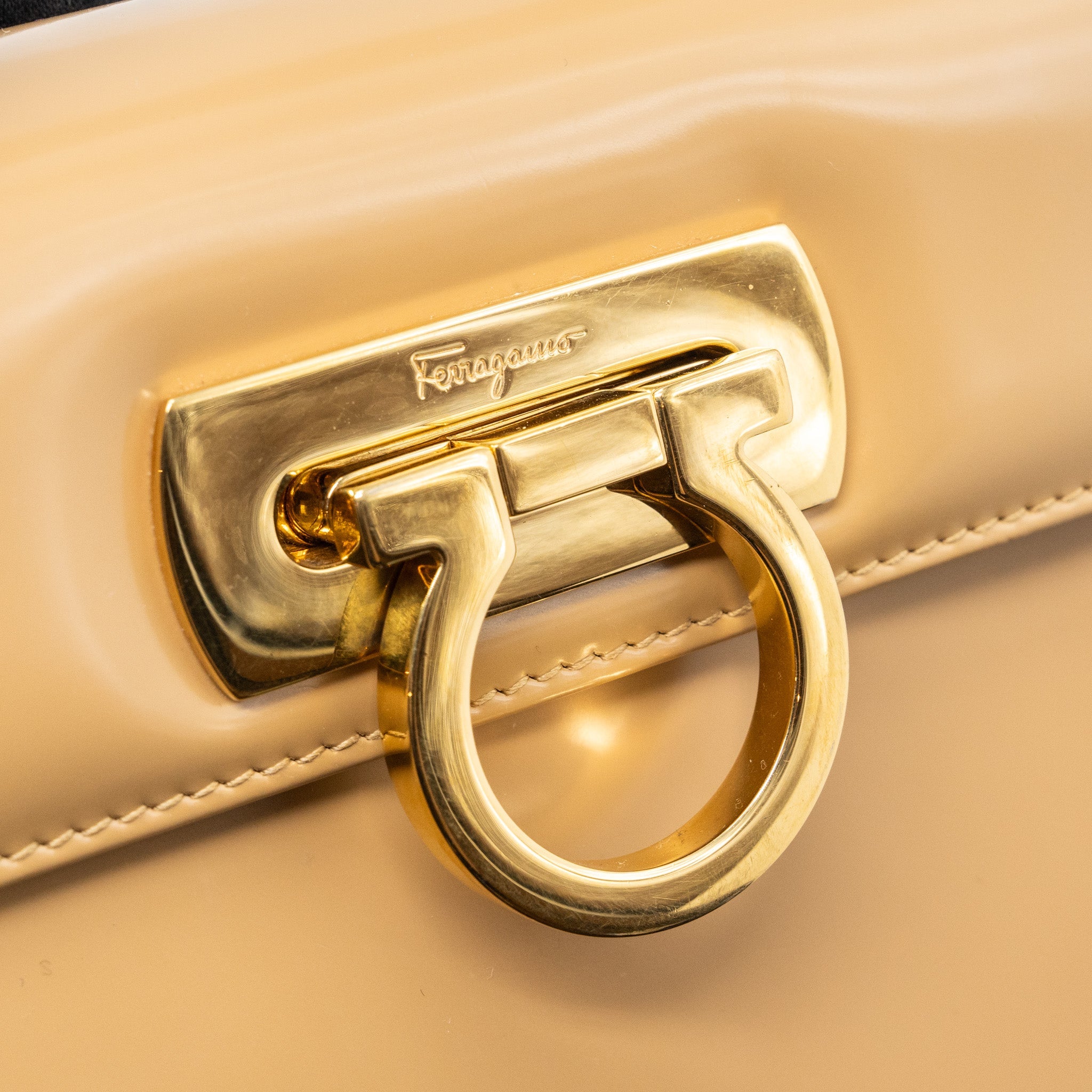 SALVATORE FERRAGAMO ICONIC TOP HANDLE CALFSKIN BEIGE GHW