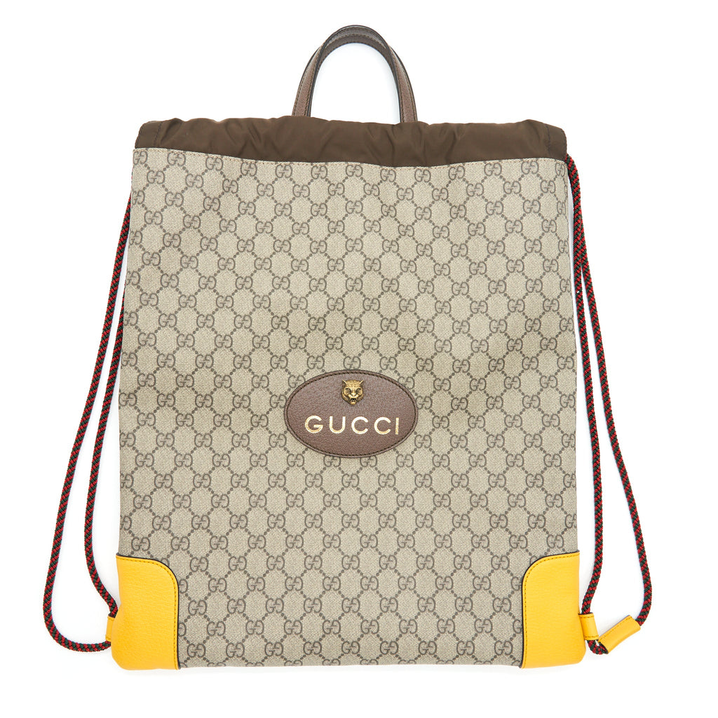 GUCCI DRAWSTRING BACKPACK GG SUPREME BEIGE/YELLOW GHW
