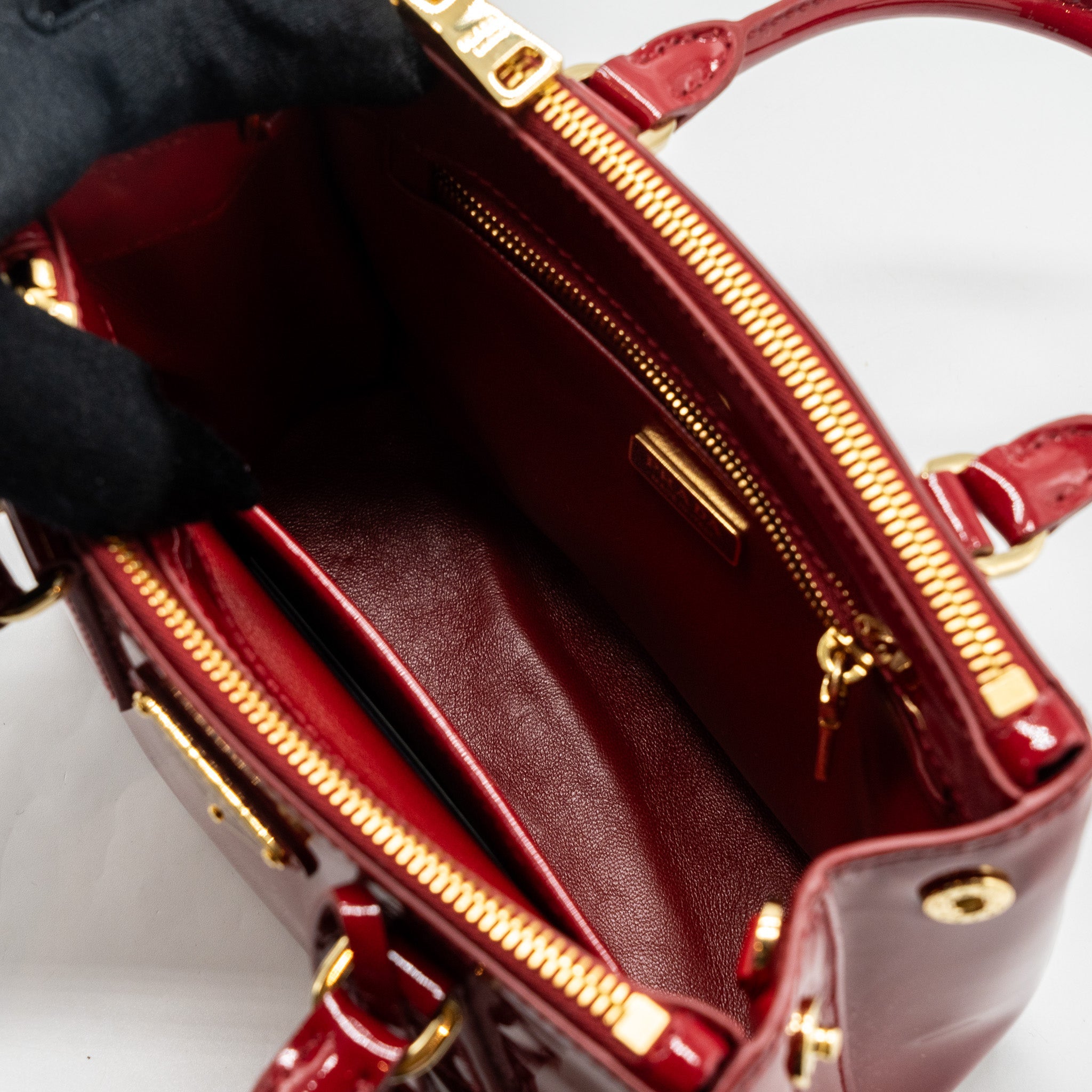 PRADA SMALL GALLERIA BAG PATENT CHERRY GHW