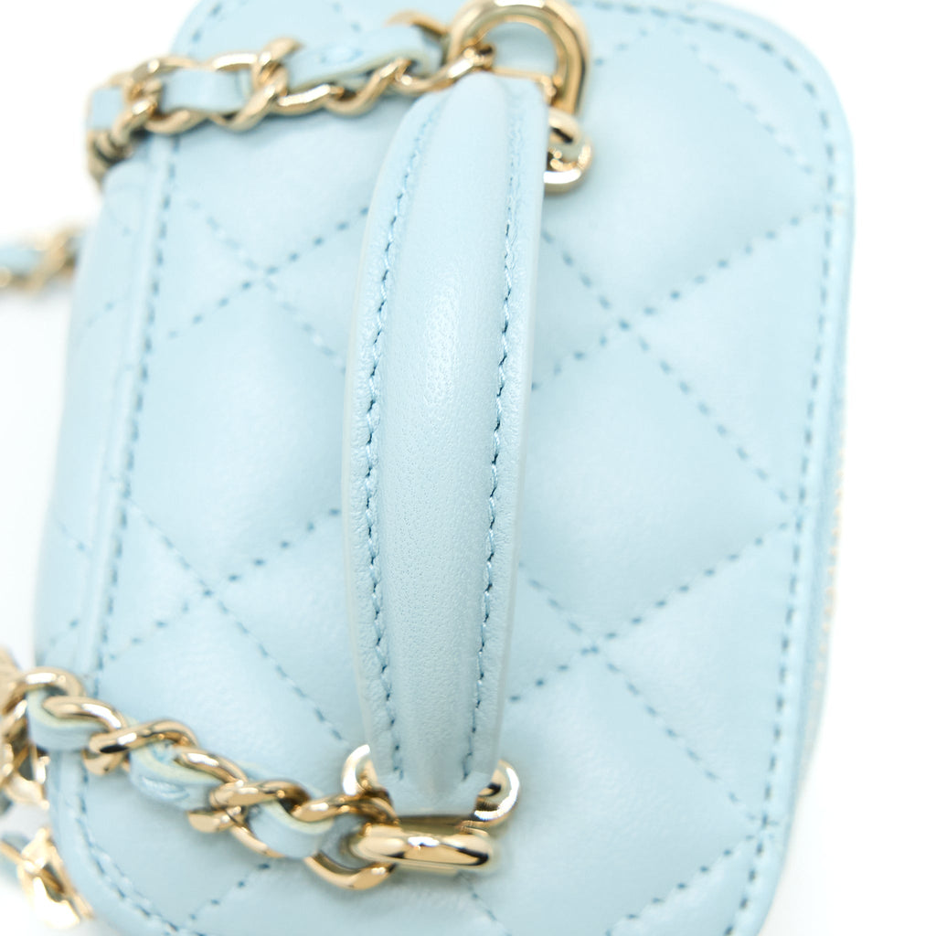 CHANEL 22P TOP HANDLE MINI VANITY WITH CHAIN LAMBSKIN LIGHT BLUE LGHW