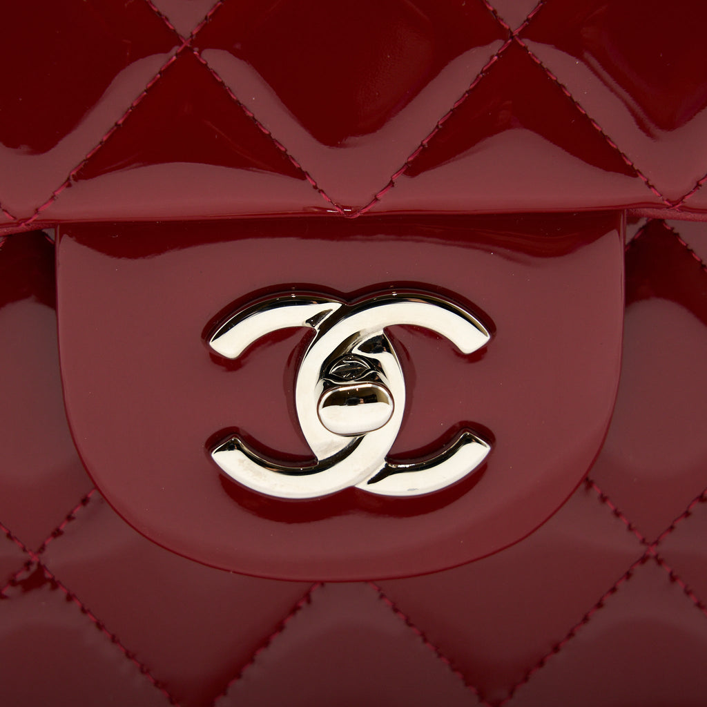 CHANEL JUMBO CLASSIC FLAP BAG PATENT RED SHW