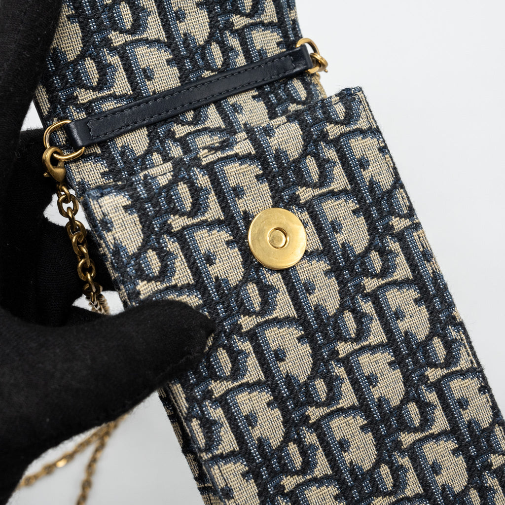 DIOR SADDLE PHONE POUCH DIOR OBLIQUE JACQUARD BLUE GHW