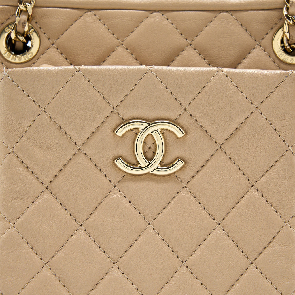 CHANEL SMALL VERTICAL CAMERA BAG WITH CHAIN LAMBSKIN BEIGE LGHW