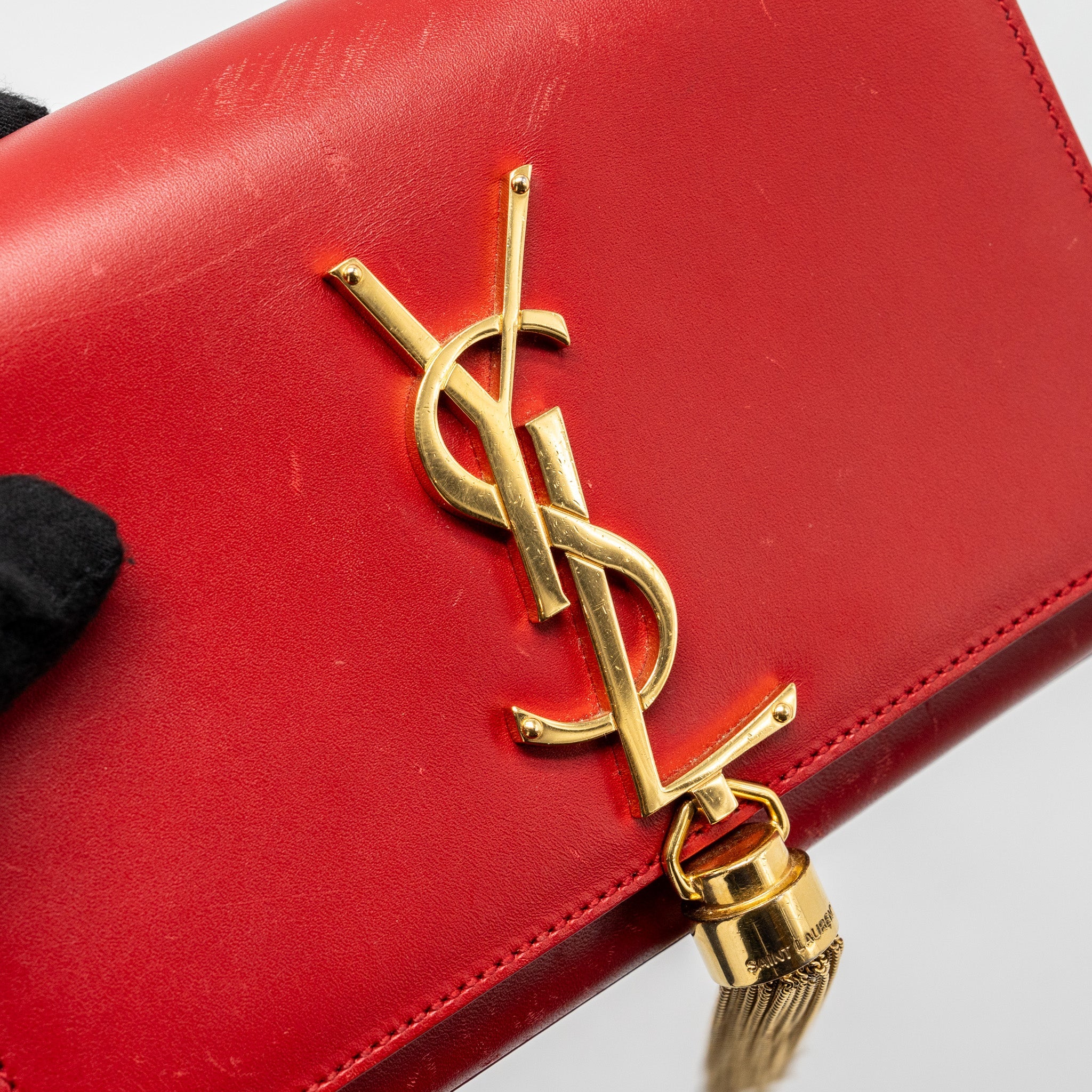 SAINT LAURENT/YSL SMALL KATE BAG TASSEL CALFSKIN RED GHW