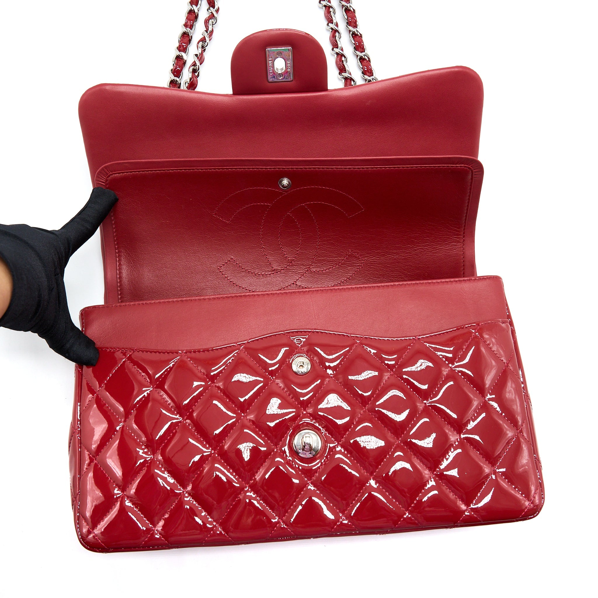 CHANEL JUMBO CLASSIC FLAP BAG PATENT RED SHW