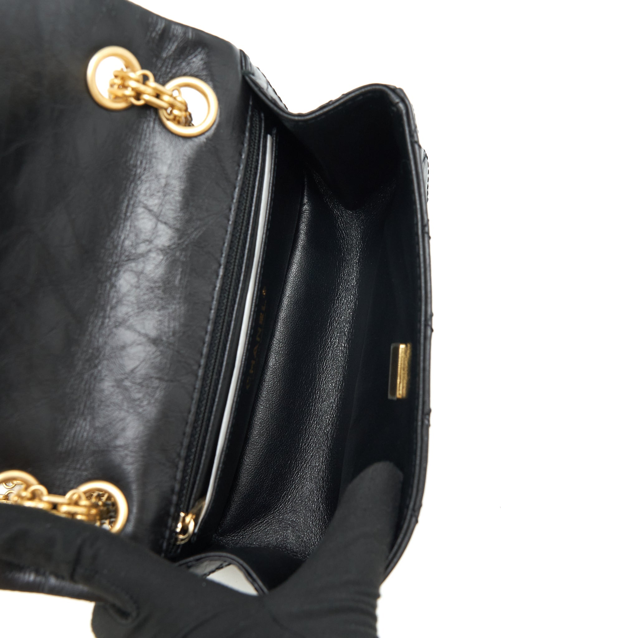 CHANEL MINI 2.55 REISSUE FLAP BAG AGED CALFSKIN BLACK BRUSHED GHW (MICROCHIP)