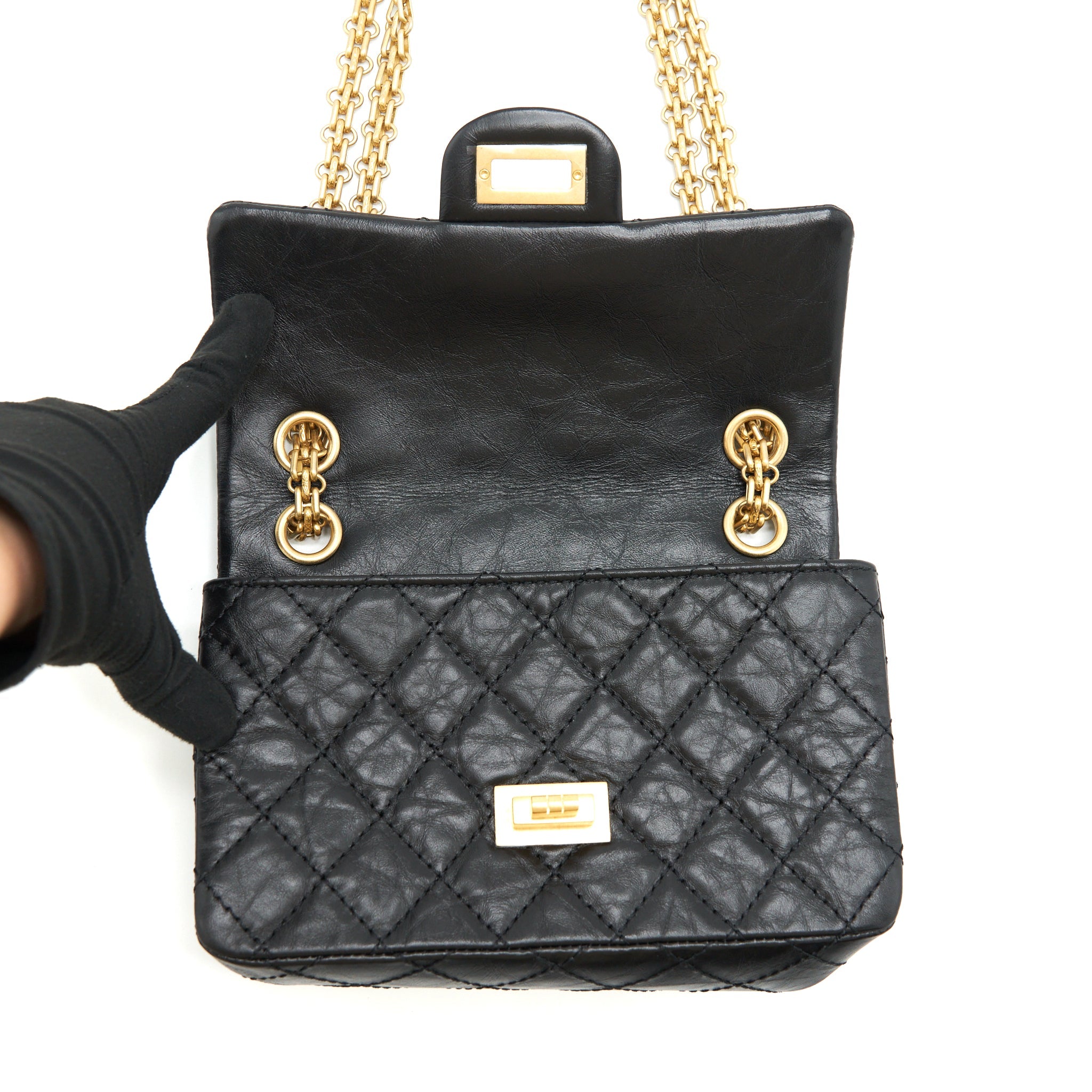 CHANEL MINI 2.55 REISSUE FLAP BAG AGED CALFSKIN BLACK BRUSHED GHW (MICROCHIP)