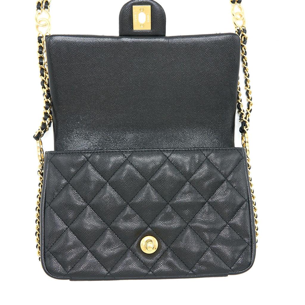 CHANEL 23C MINI FLAP BAG WITH CC LOGO CHAIN GRAINED CALFSKIN BLACK GHW (MICROCHIP)