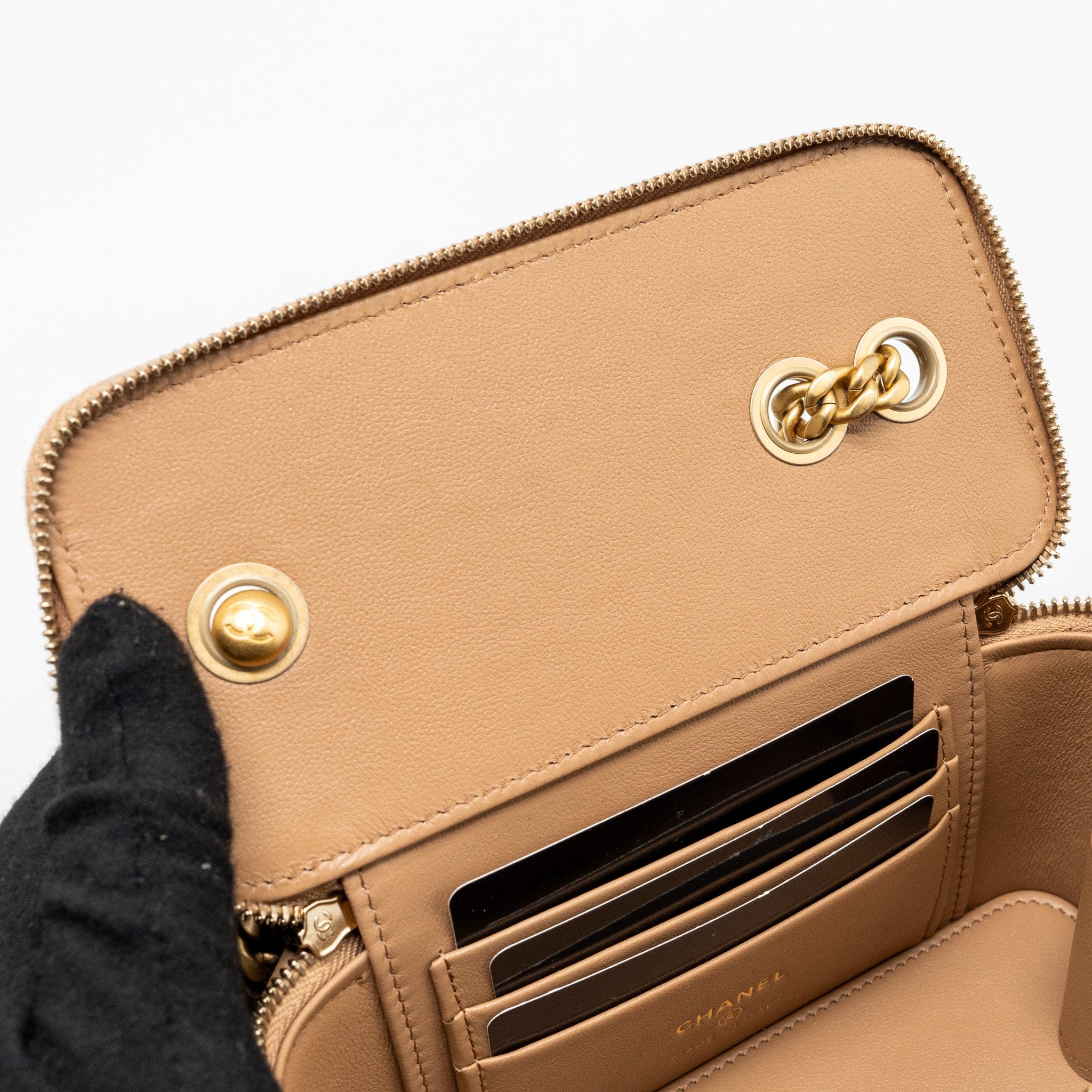 CHANEL GOLD PILLAR LONG VANITY CASE WITH ADJUSTABLE CHAIN LAMBSKIN DARK BEIGE GHW (MICROCHIP)