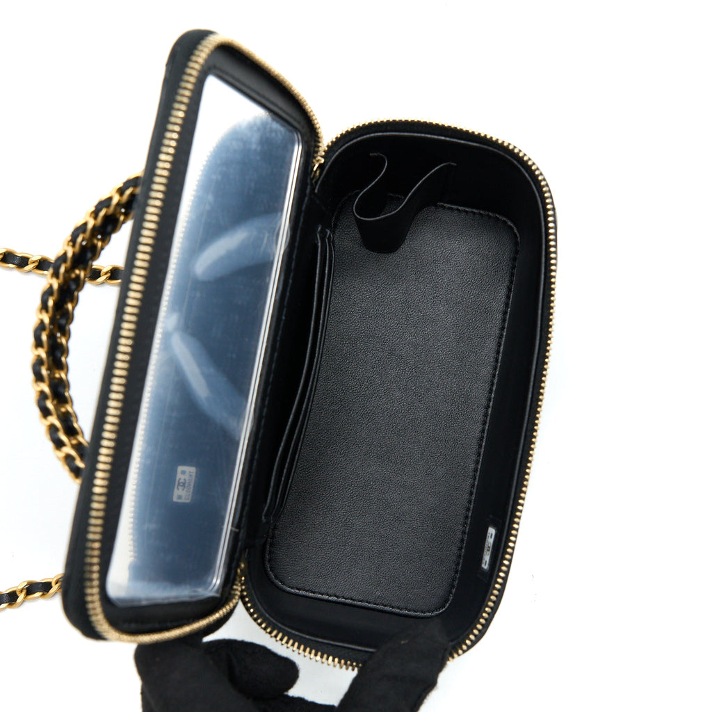 CHANEL TOP TWIST CHAIN HANDLE LONG VANITY WITH CHAIN LAMBSKIN BLACK BRUSHED GHW (MICROCHIP)