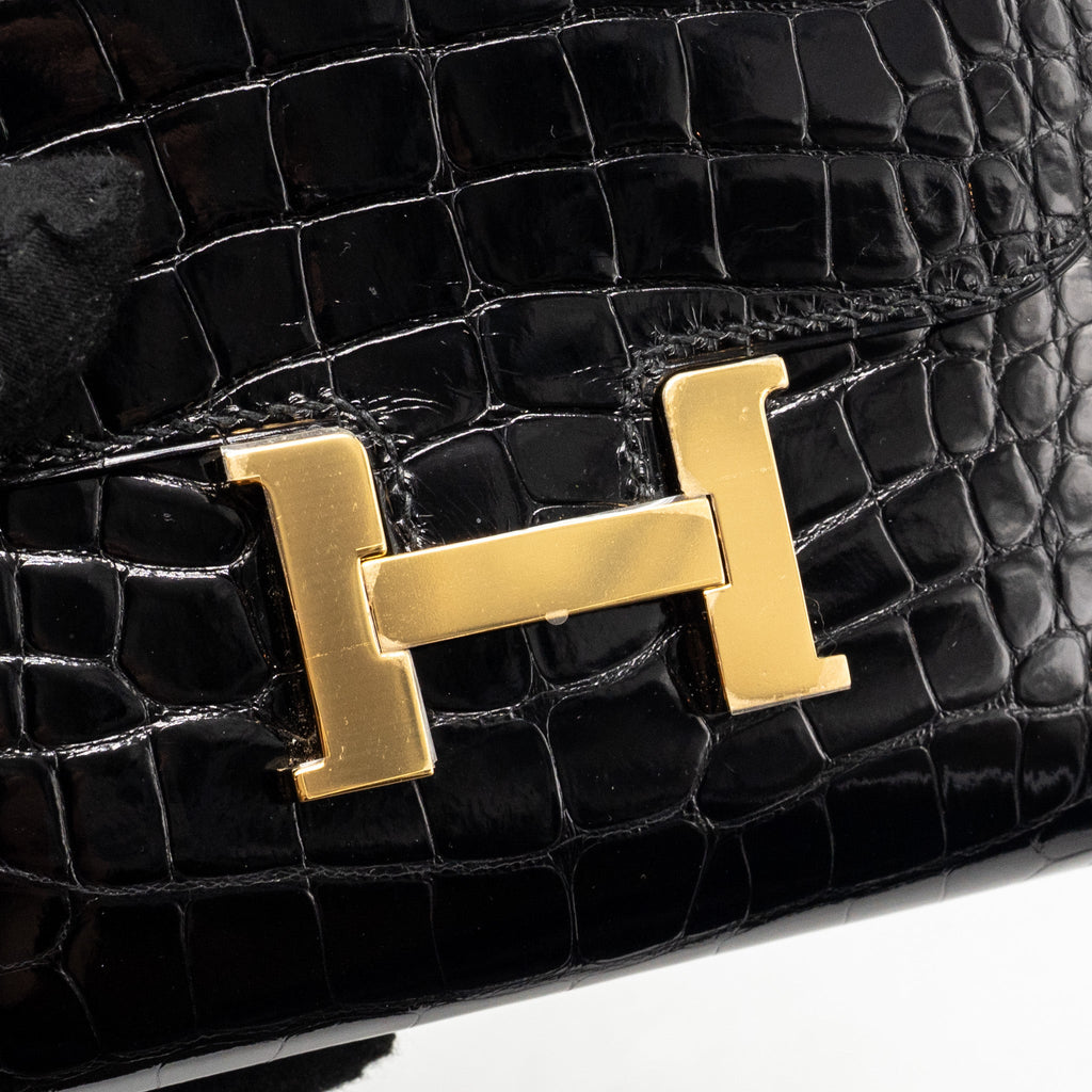 HERMES CONSTANCE COMPACT WALLET SHINY ALLIGATOR MISSISSIPPIENSIS BLACK GHW