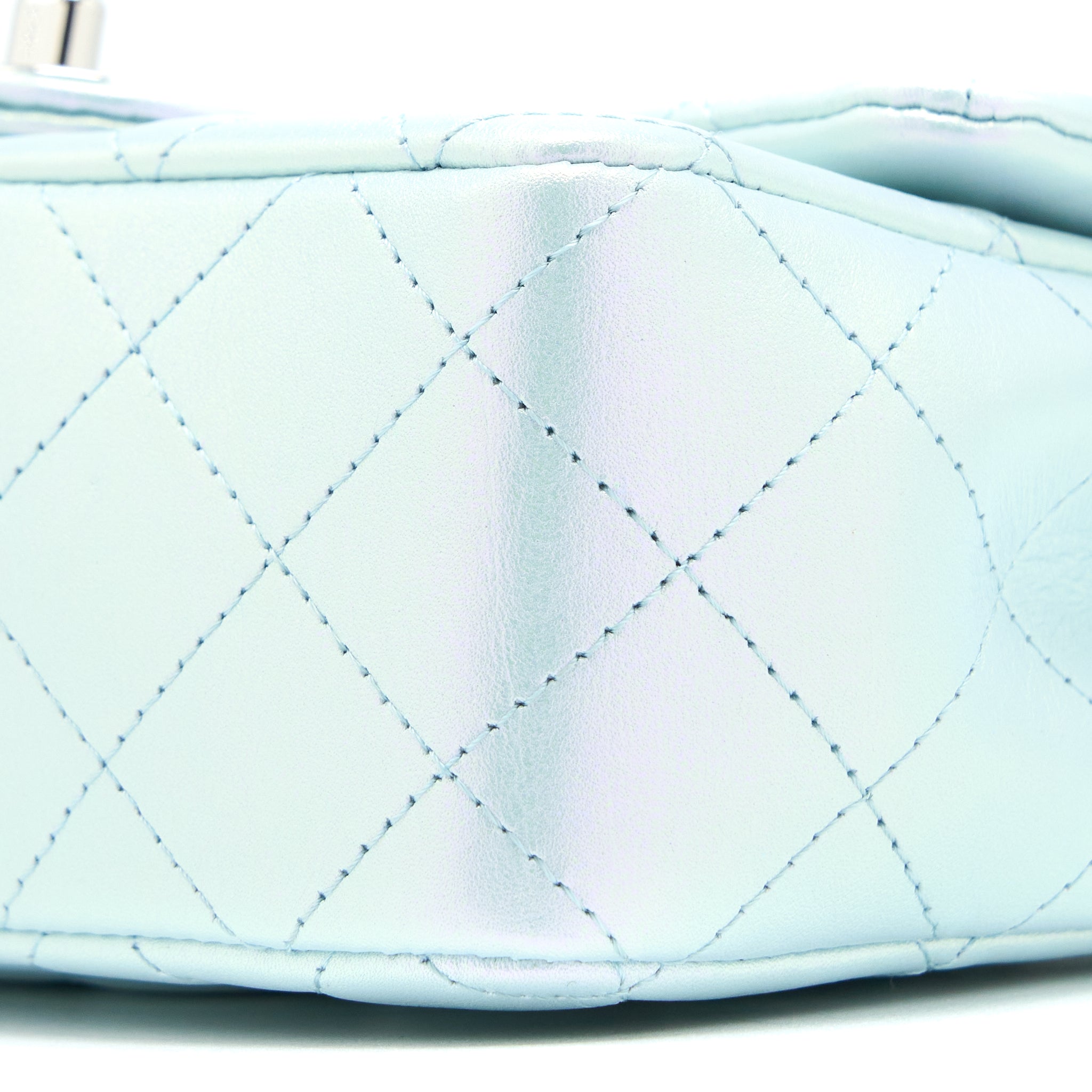CHANEL 21K MINI RECTANGULAR FLAP BAG CALFSKIN IRIDESCENT LIGHT BLUE SHW (MICROCHIP)