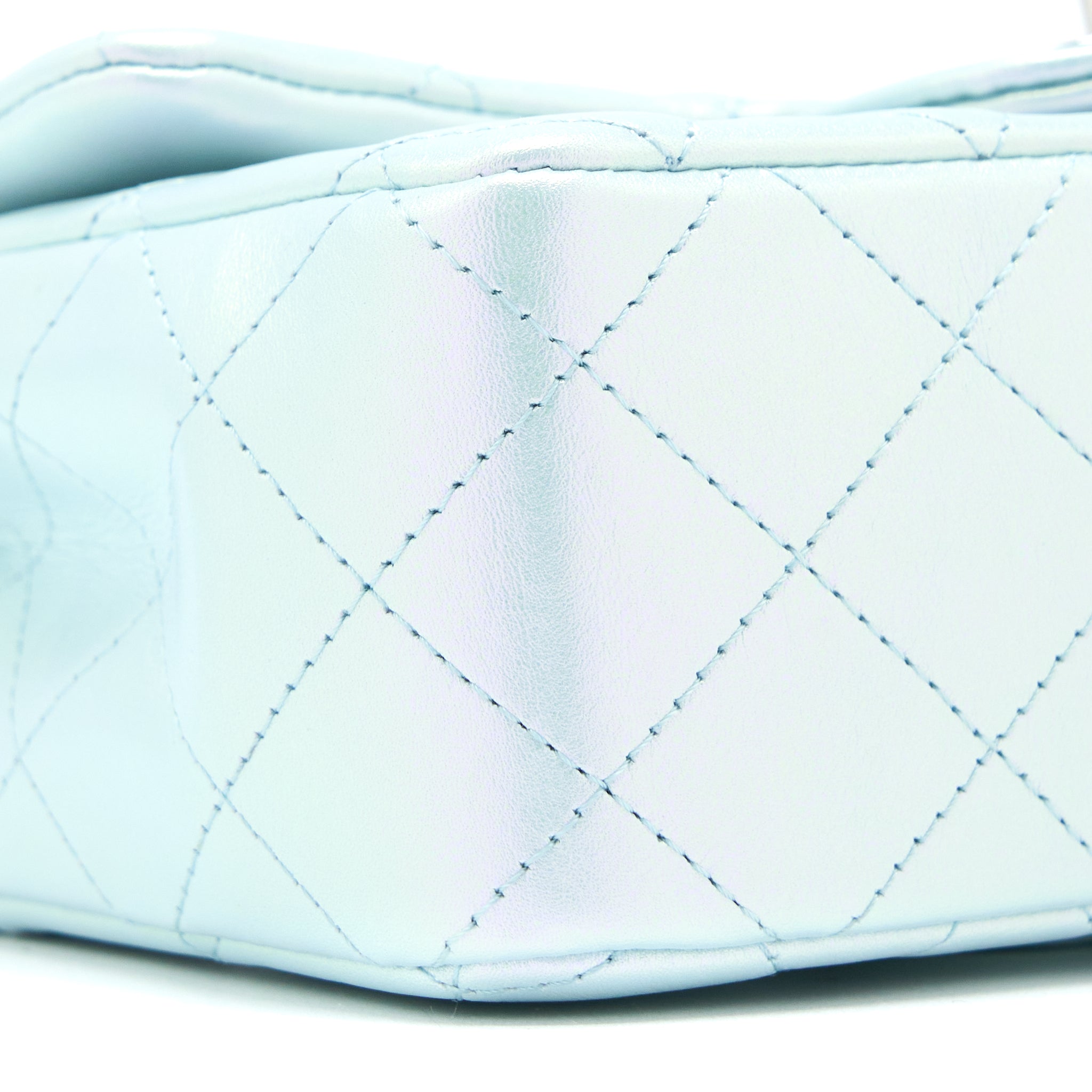 CHANEL 21K MINI RECTANGULAR FLAP BAG CALFSKIN IRIDESCENT LIGHT BLUE SHW (MICROCHIP)