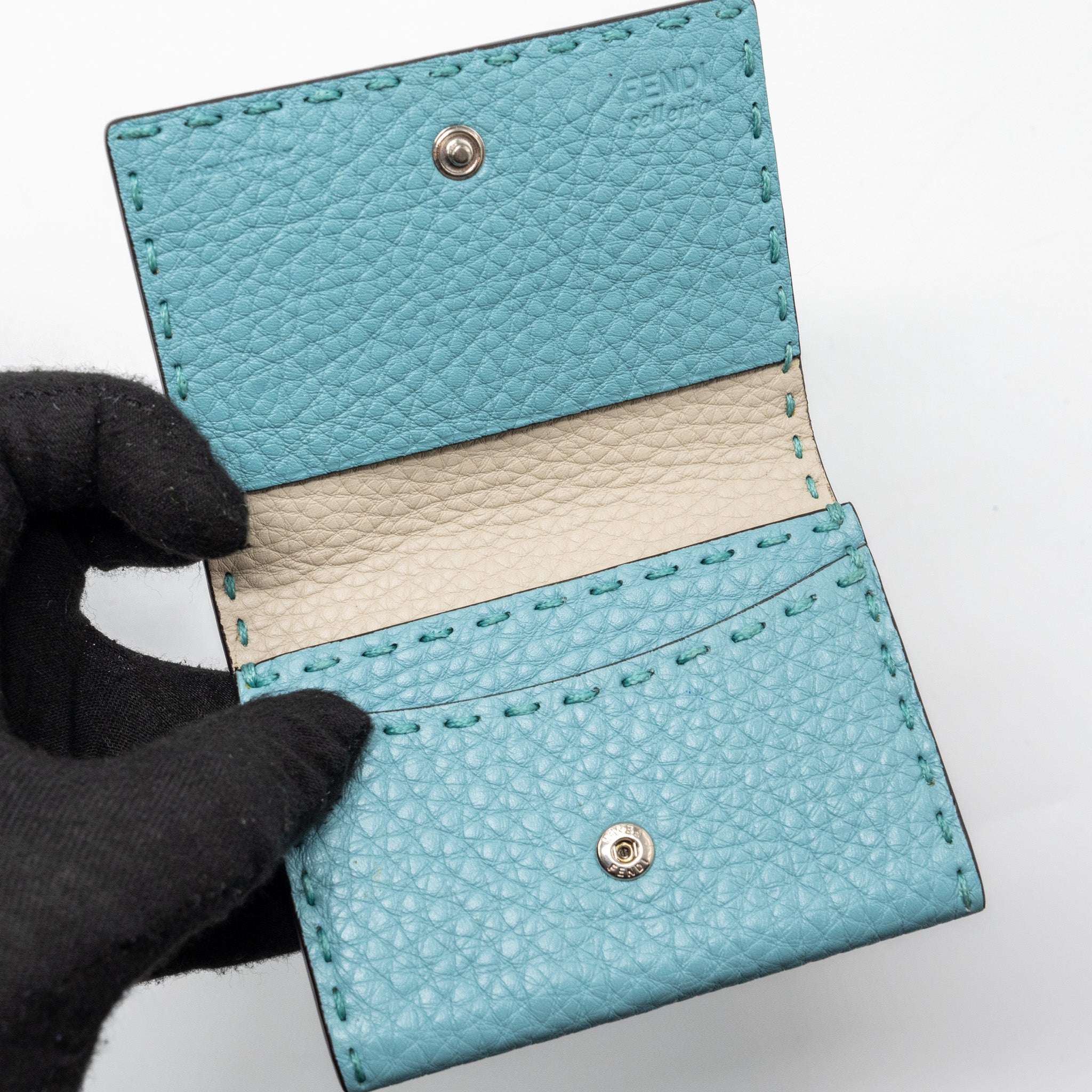 FENDI SELLERIA CARD HOLDER CALFSKIN OCEAN BLUE/CREAM SHW
