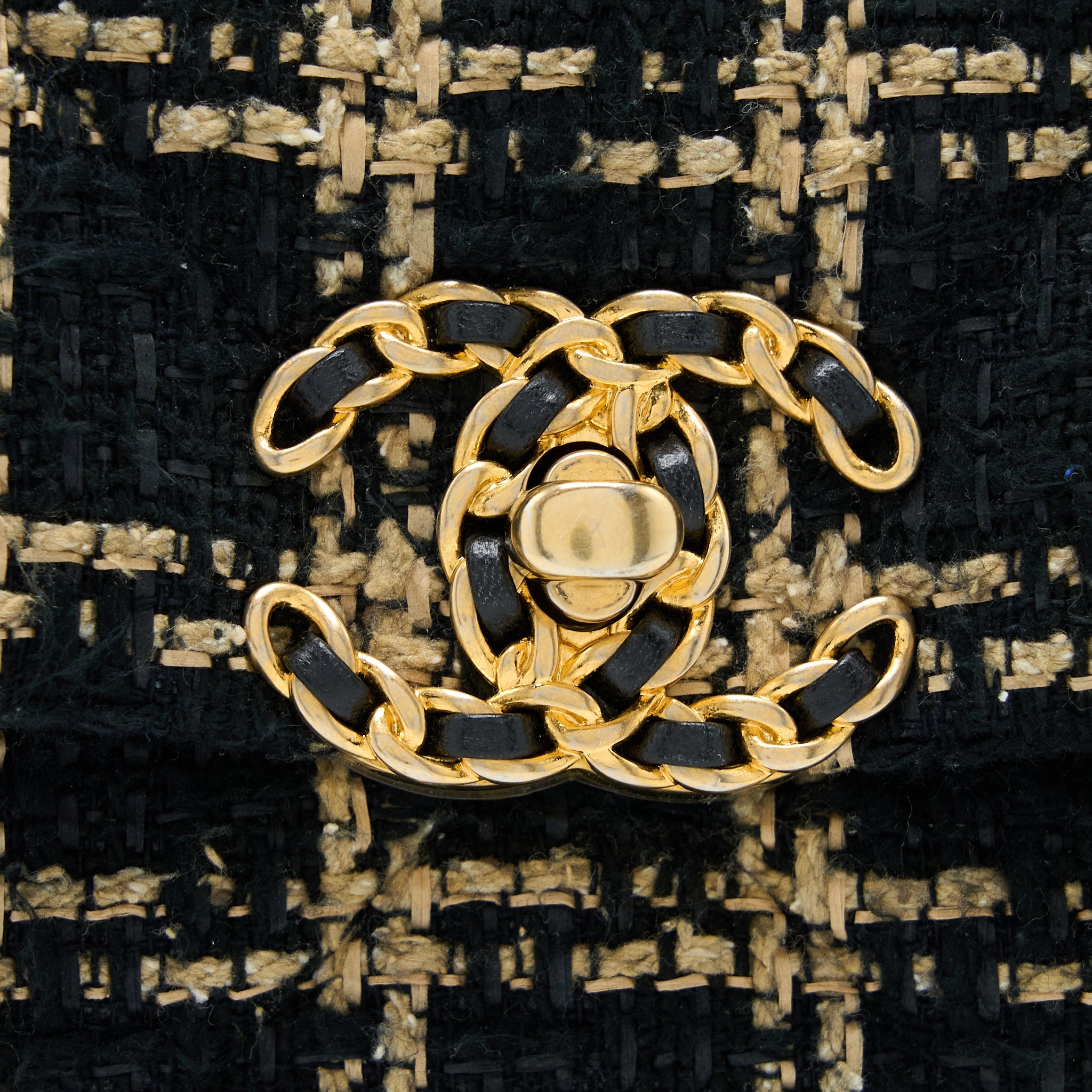 CHANEL TWEED SMALL 19 FLAP BAG BLACK/GOLD WITH MULTICOLOUR HARDWARE