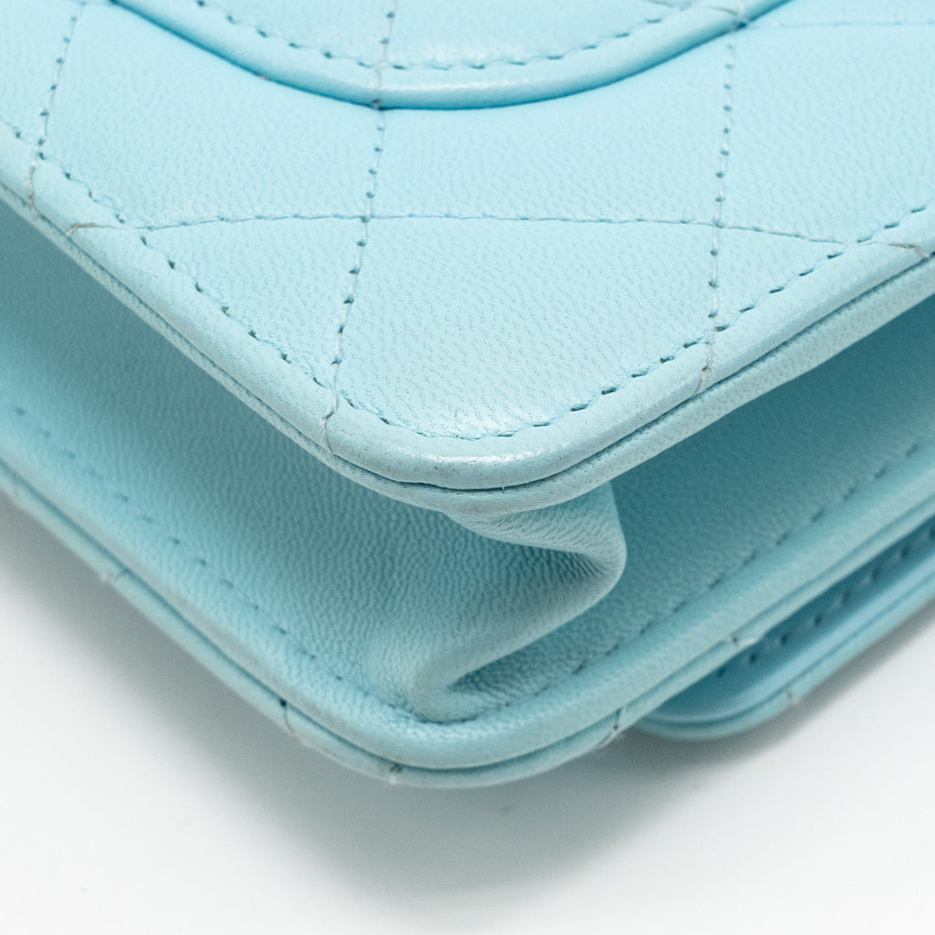 CHANEL CLASSIC WALLET ON CHAIN LAMBSKIN LIGHT BLUE SHW