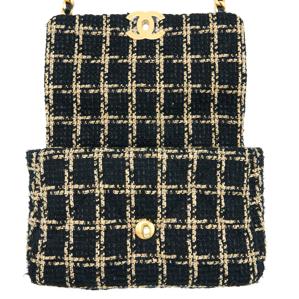 CHANEL TWEED SMALL 19 FLAP BAG BLACK/GOLD WITH MULTICOLOUR HARDWARE