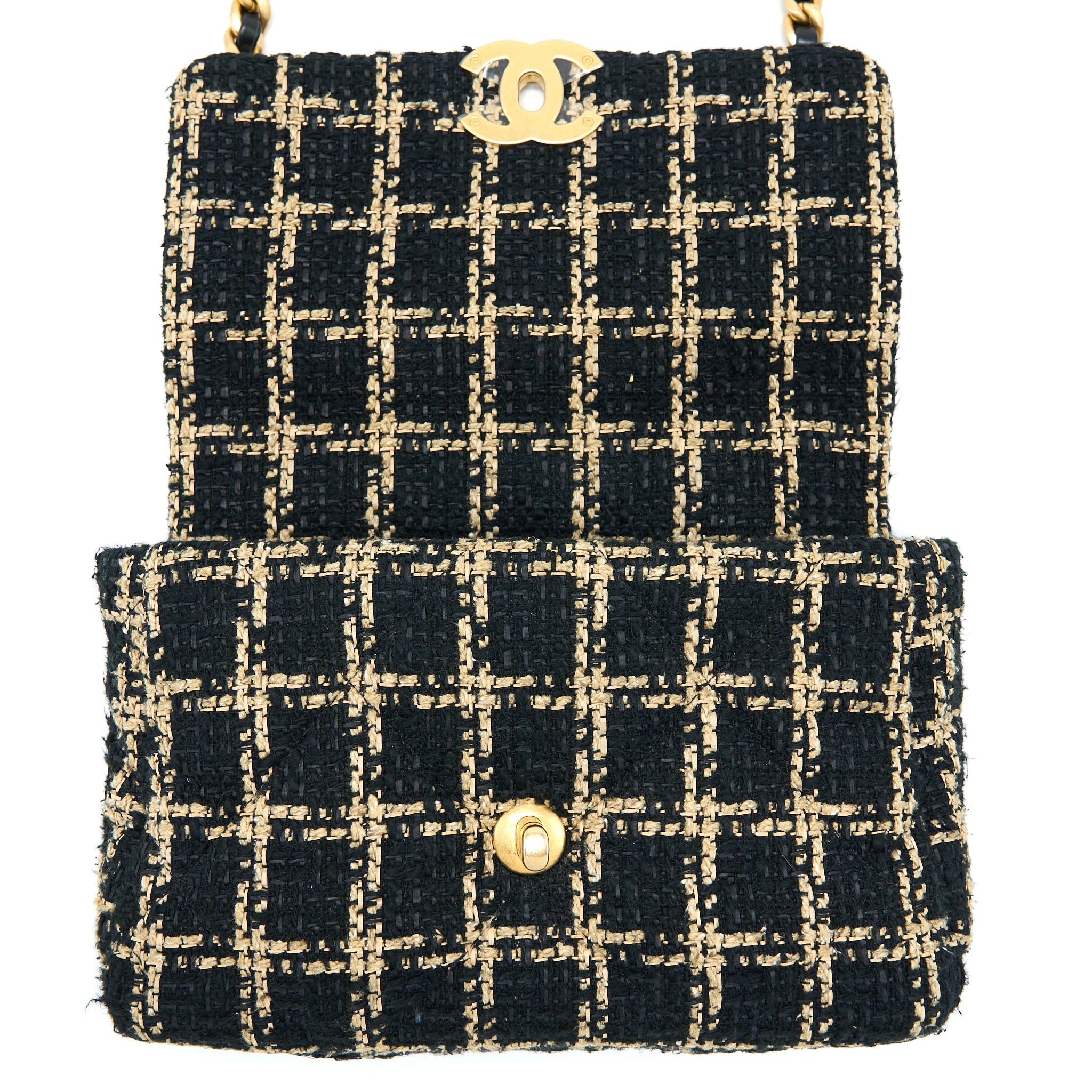 CHANEL TWEED SMALL 19 FLAP BAG BLACK/GOLD WITH MULTICOLOUR HARDWARE