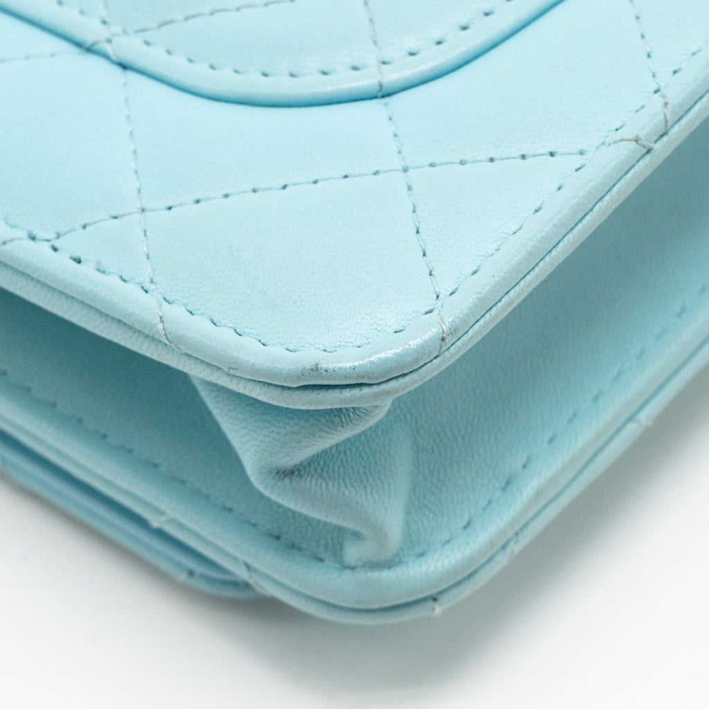 CHANEL CLASSIC WALLET ON CHAIN LAMBSKIN LIGHT BLUE SHW