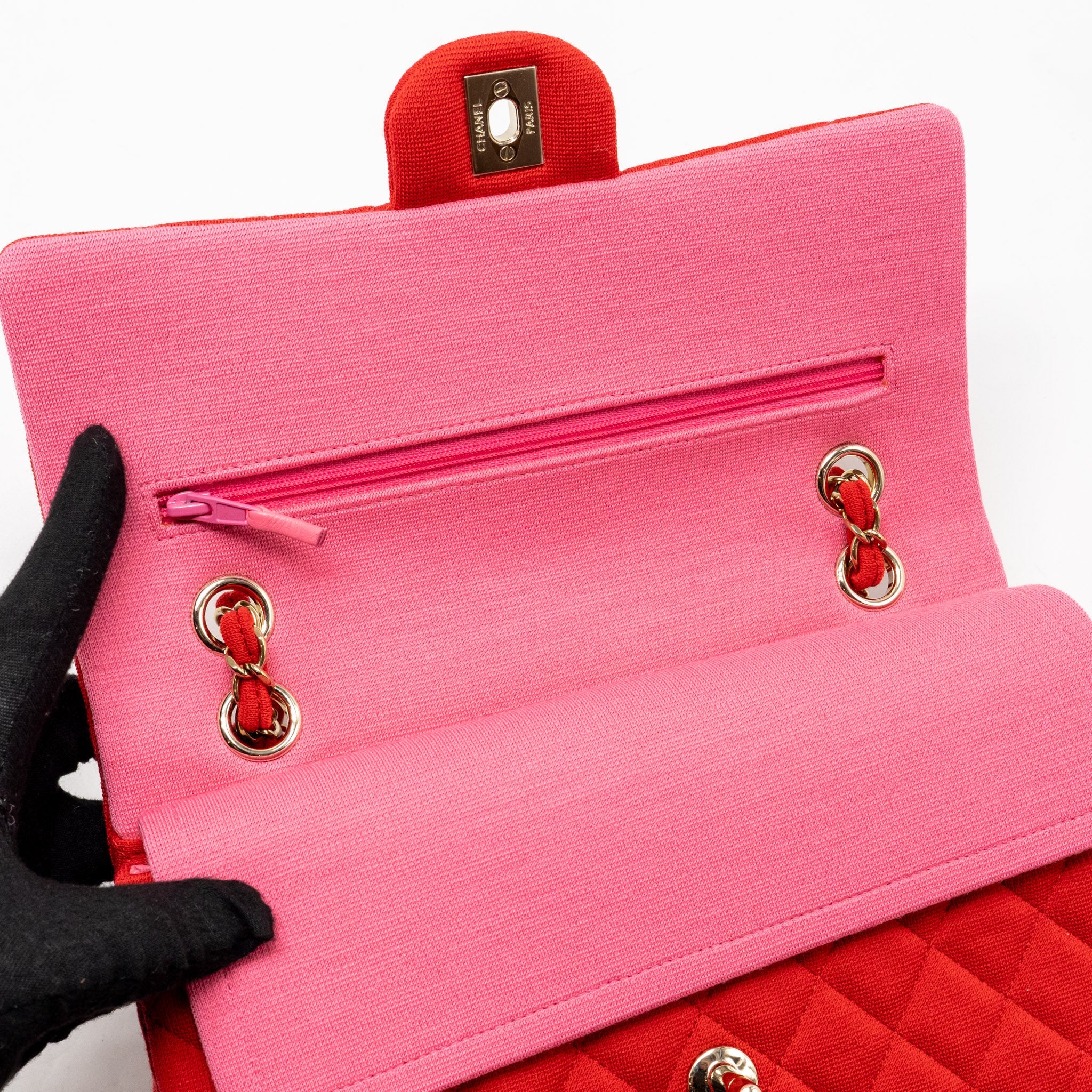 CHANEL MEDIUM CLASSIC DOUBLE FLAP BAG FABRIC RED /PINK LGHW (MICROCHIP)