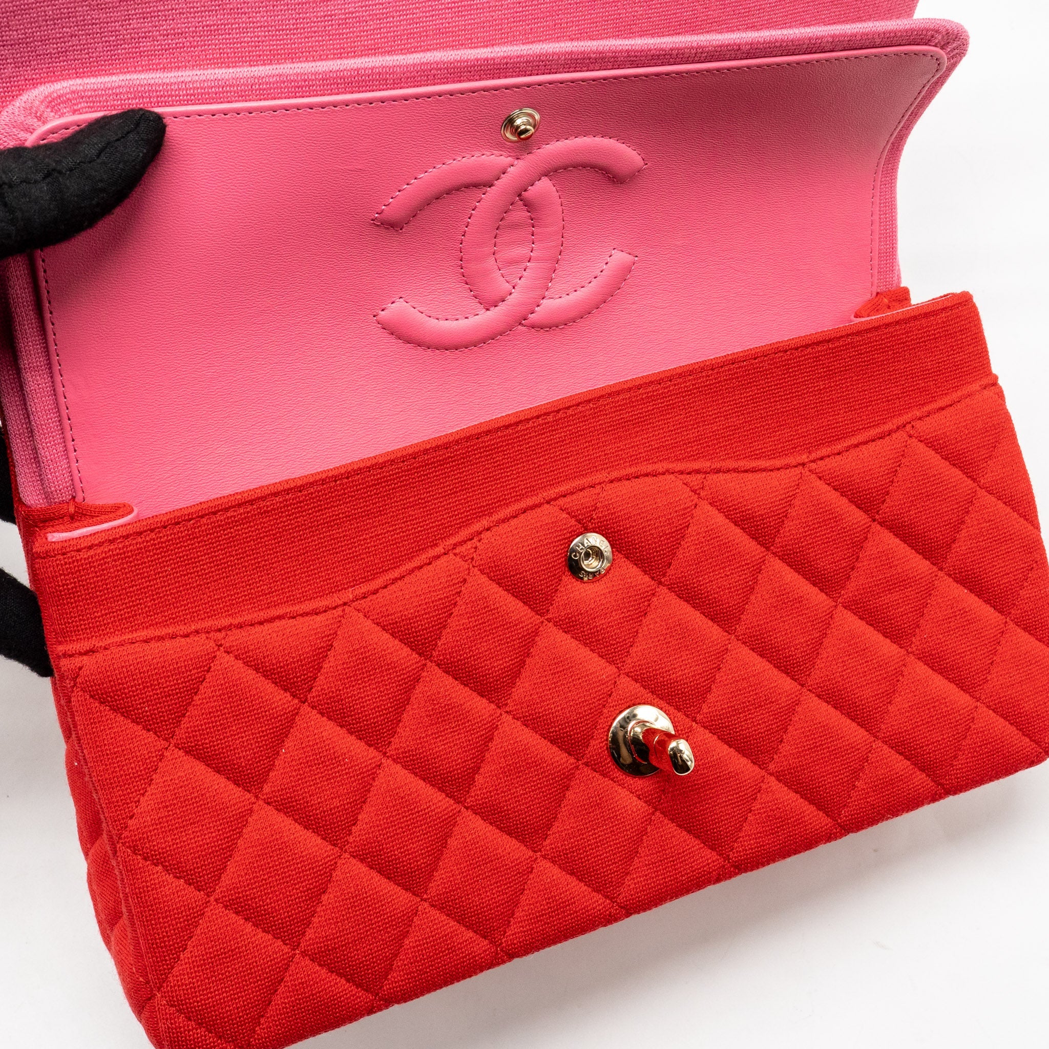 CHANEL MEDIUM CLASSIC DOUBLE FLAP BAG FABRIC RED /PINK LGHW (MICROCHIP)