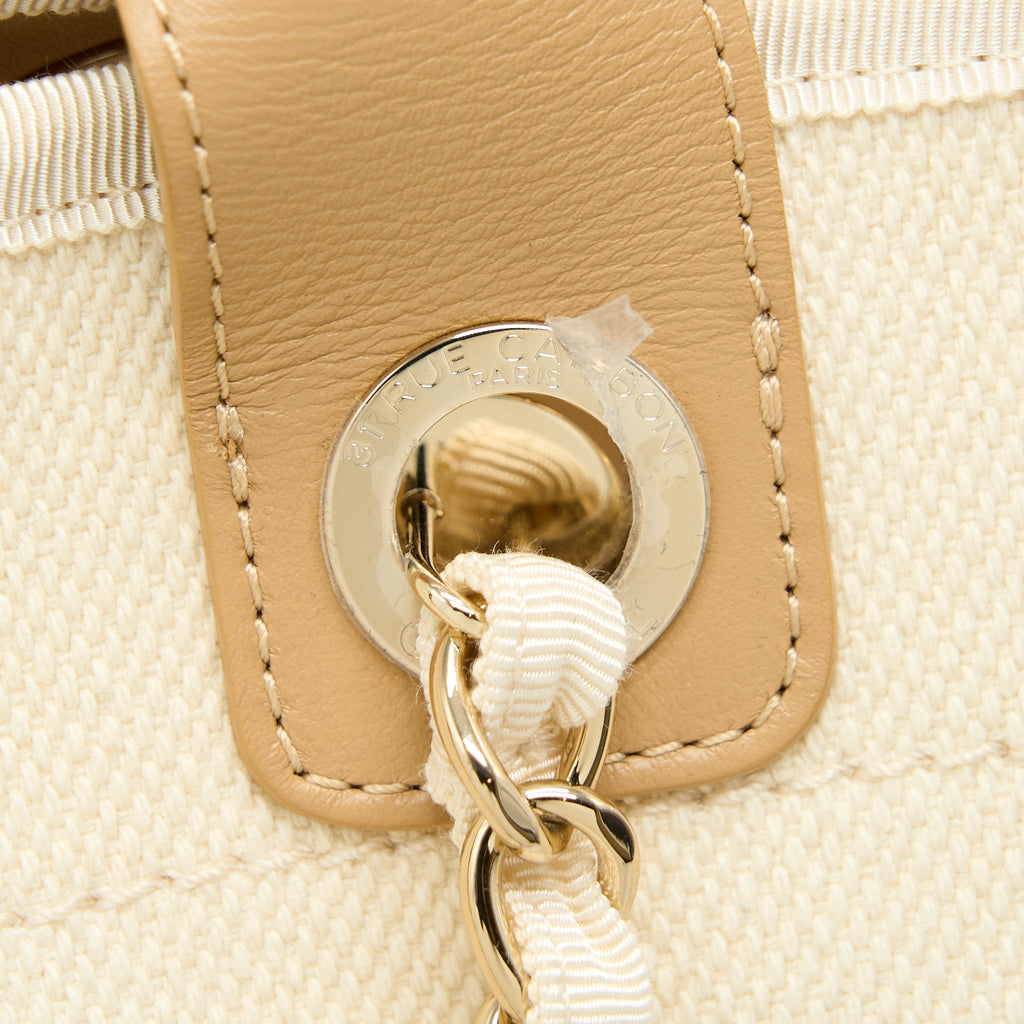 CHANEL DEAUVILLE TOTE BAG CANVAS LIGHT BEIGE LGHW