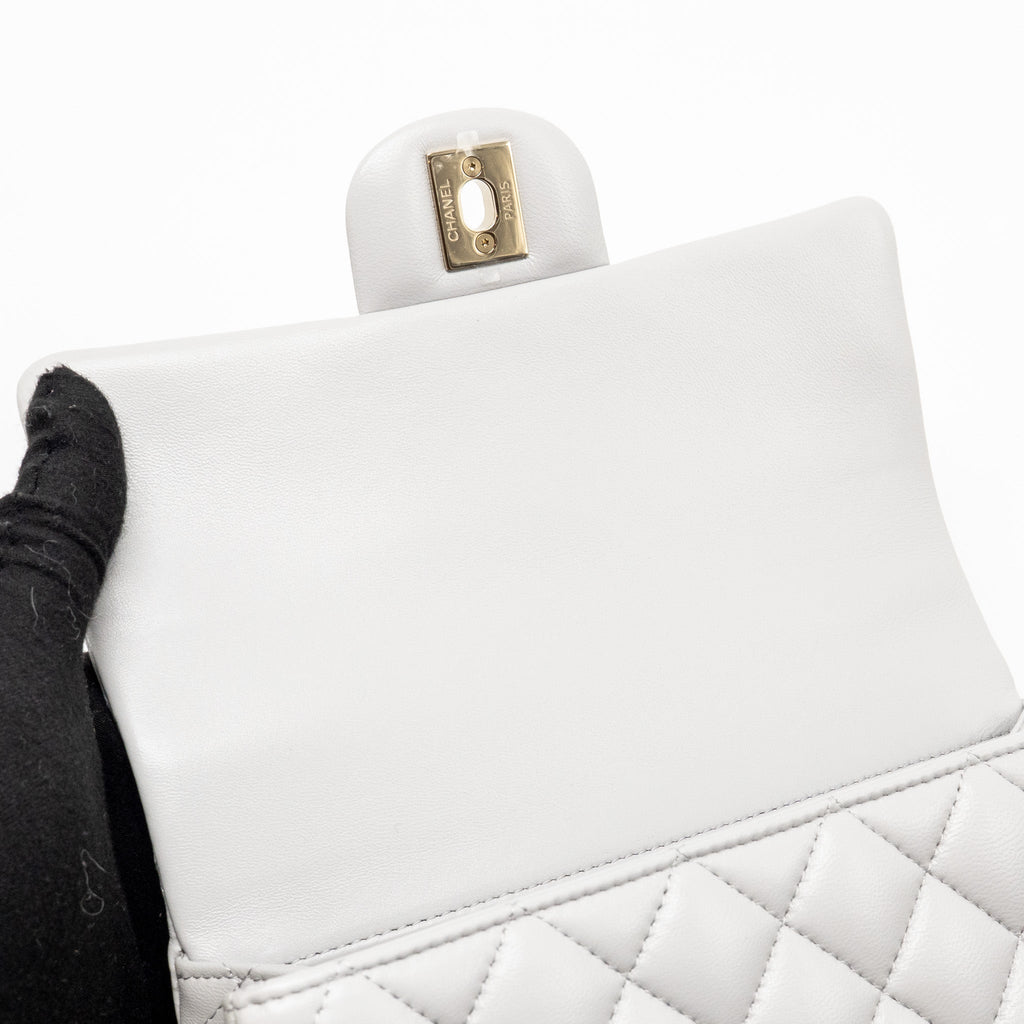 CHANEL TOP HANDLE MINI RECTANGULAR FLAP BAG LAMBSKIN LIGHT GREY LGHW (MICROCHIP)