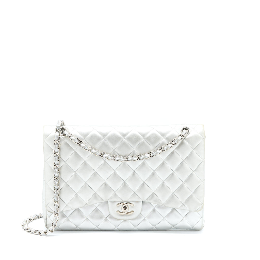 CHANEL MAXI CLASSIC SINGLE FLAP BAG LAMBSKIN SILVER SHW