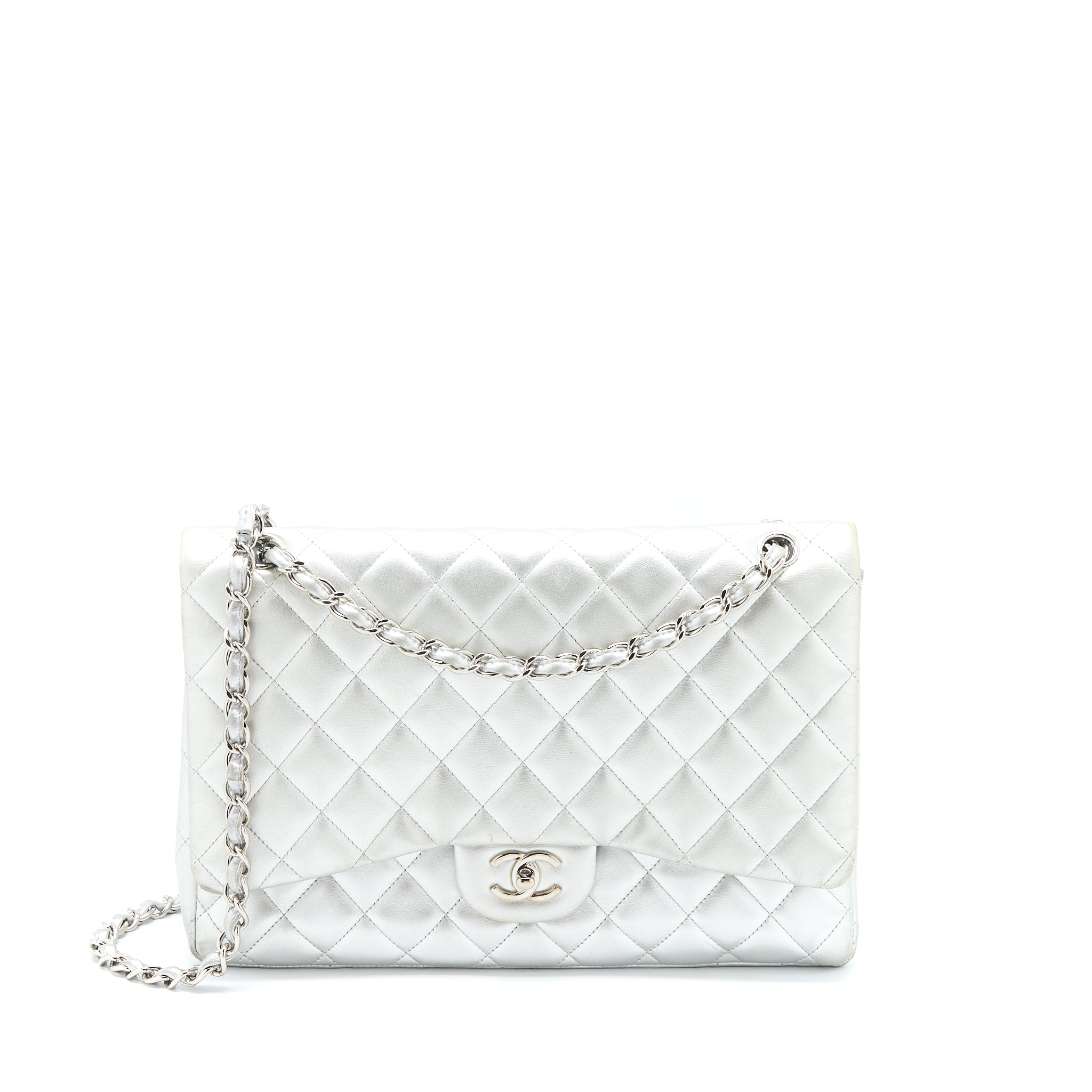 CHANEL MAXI CLASSIC SINGLE FLAP BAG LAMBSKIN SILVER SHW