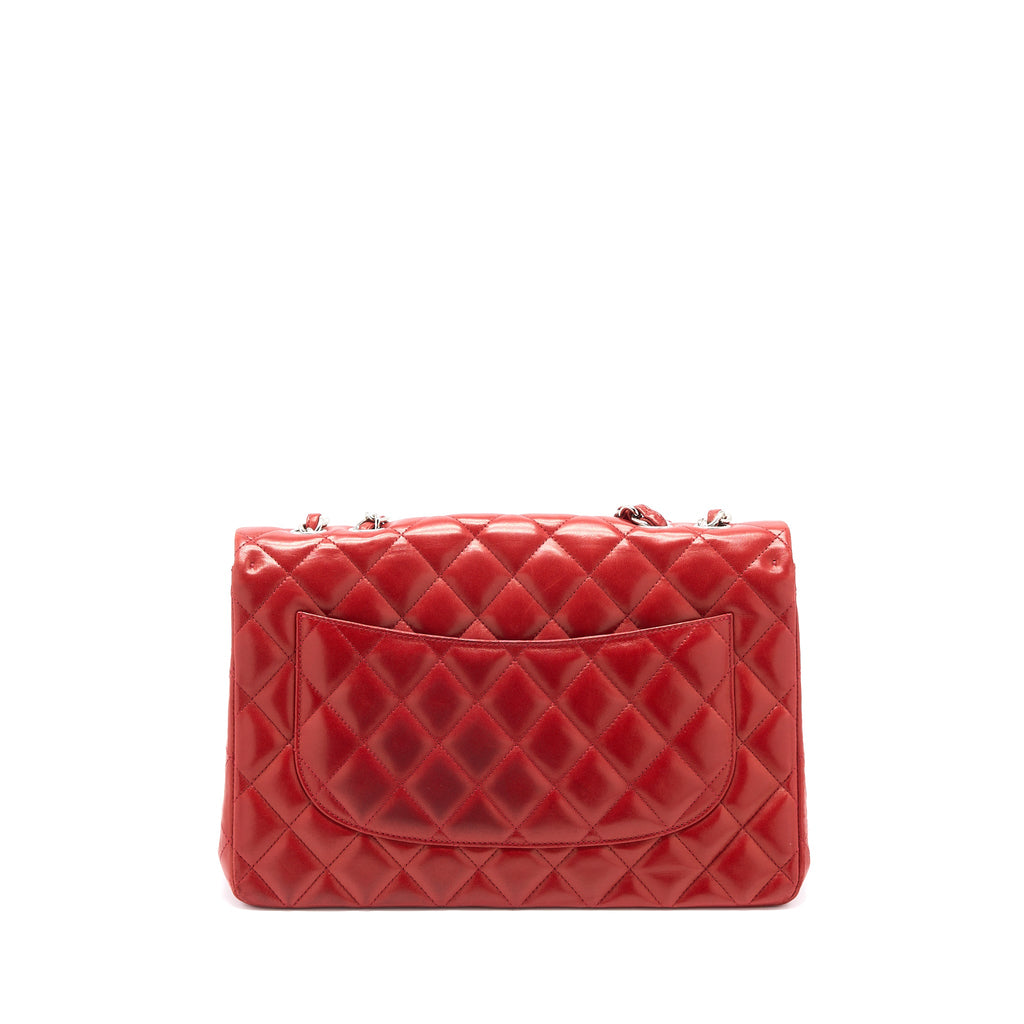 CHANEL CLASSIC JUMBO SINGLE FLAP BAG LAMBSKIN RED SHW