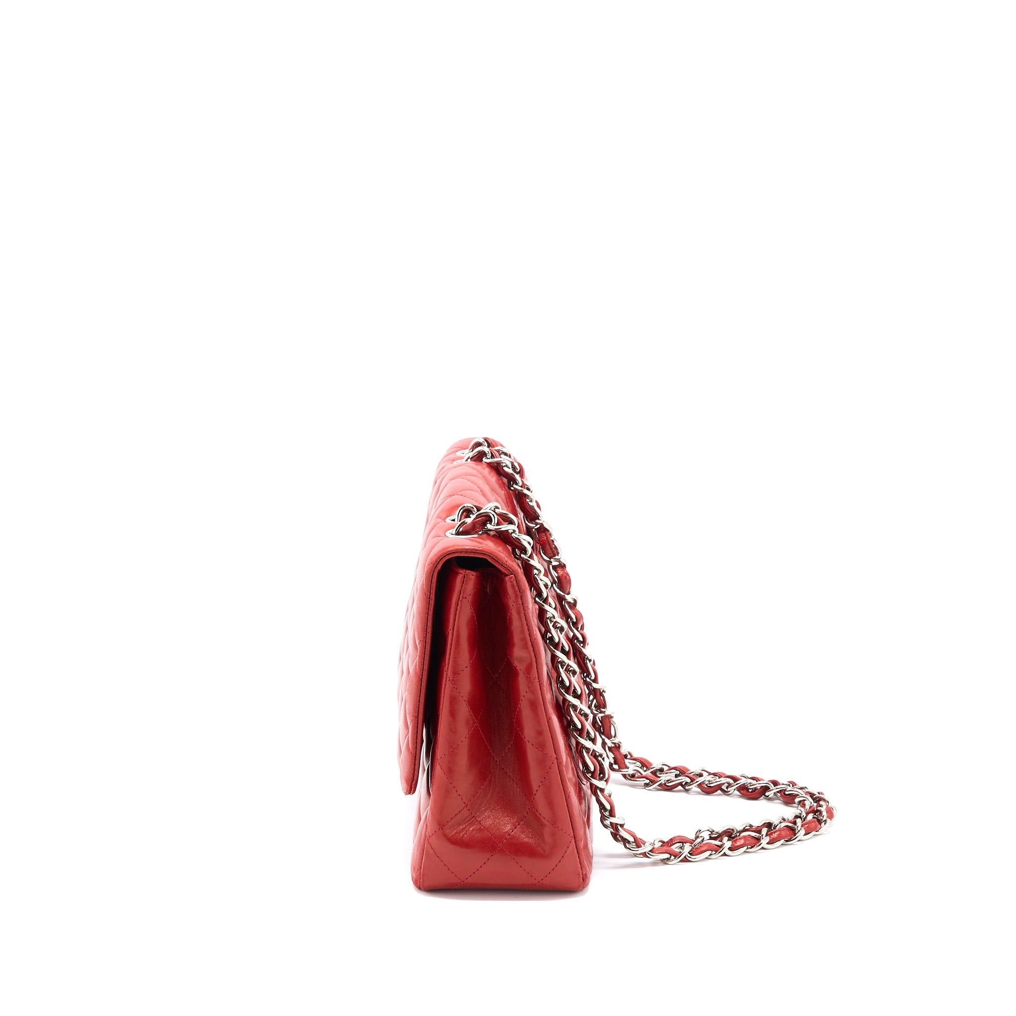 CHANEL CLASSIC JUMBO SINGLE FLAP BAG LAMBSKIN RED SHW