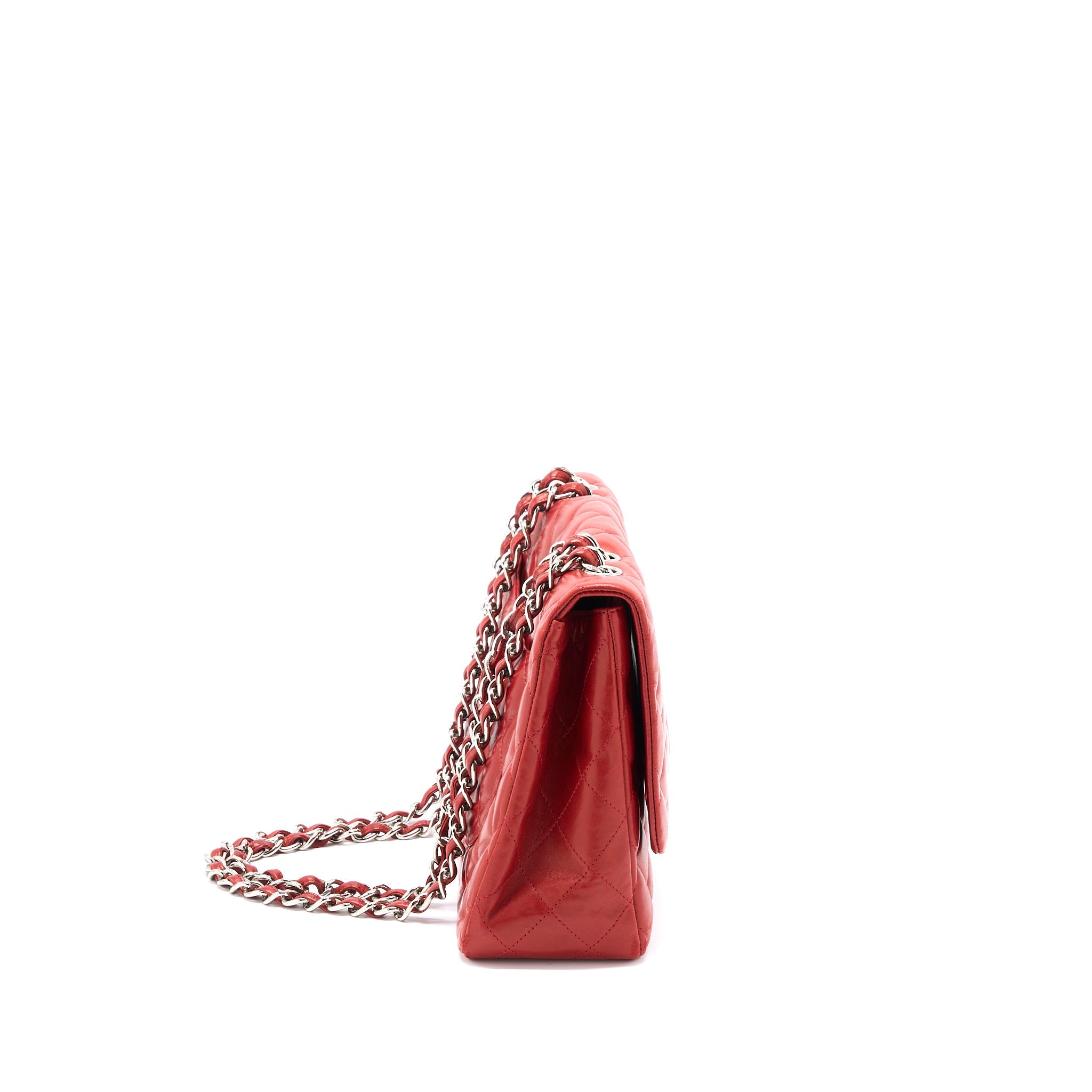 CHANEL CLASSIC JUMBO SINGLE FLAP BAG LAMBSKIN RED SHW