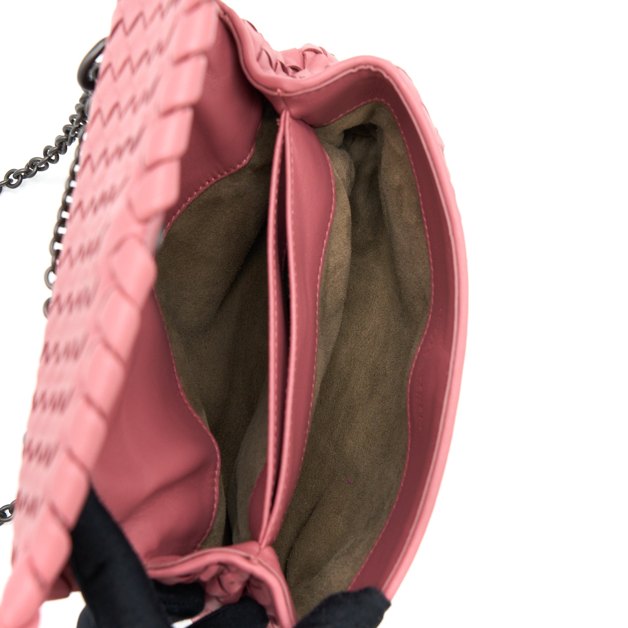 BOTTEGA VENETA OLYMPIA CHAIN BAG NAPPA DARK PINK WITH BLACK HARDWARE