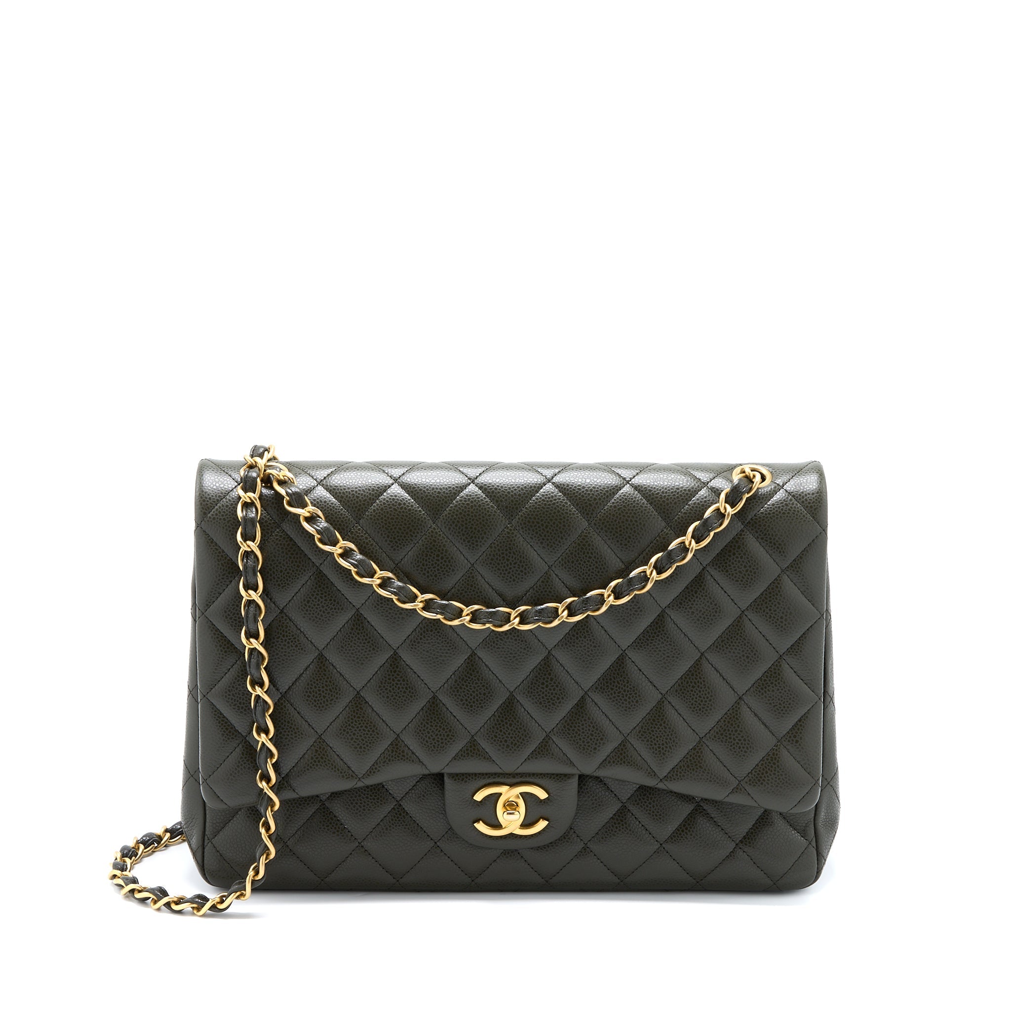 CHANEL MAXI CLASSIC DOUBLE FLAP BAG CAVIAR OLIVE GREEN BRUSHED GHW