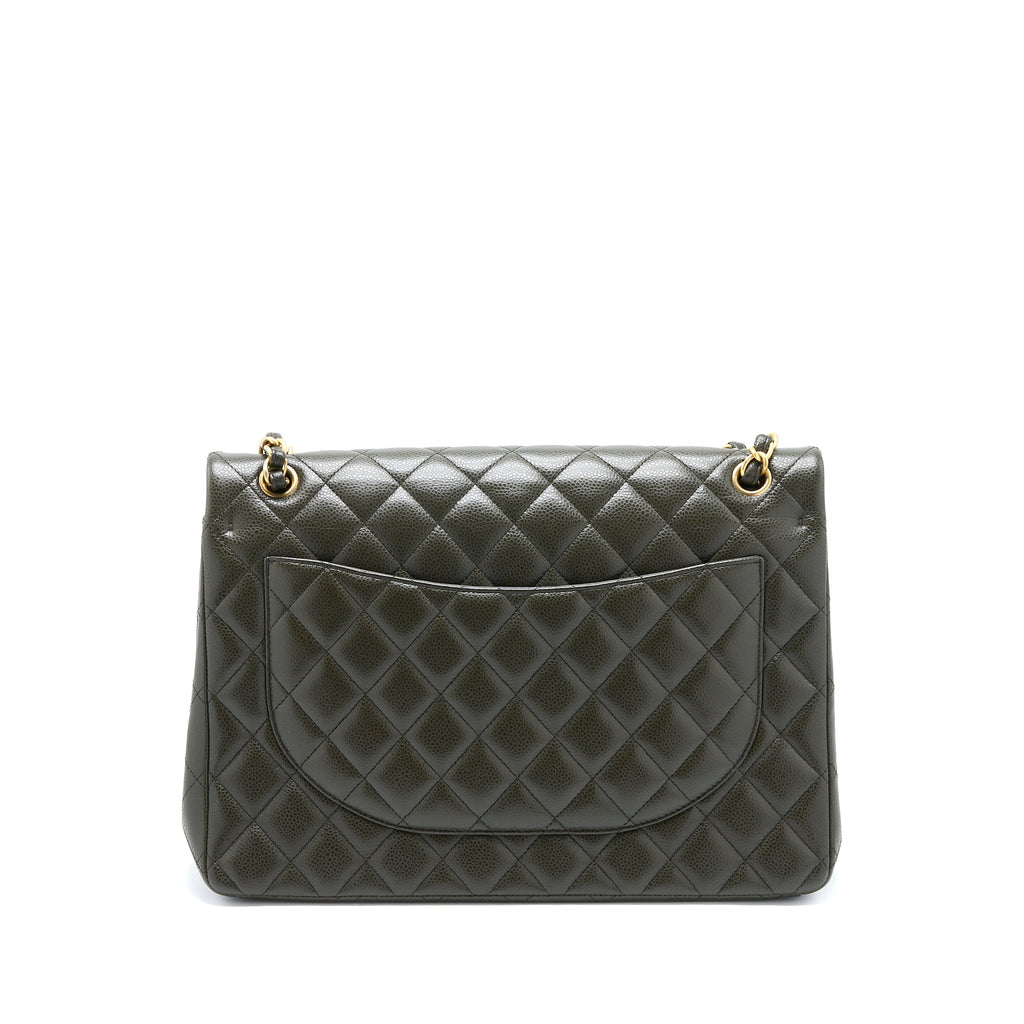 CHANEL MAXI CLASSIC DOUBLE FLAP BAG CAVIAR OLIVE GREEN BRUSHED GHW