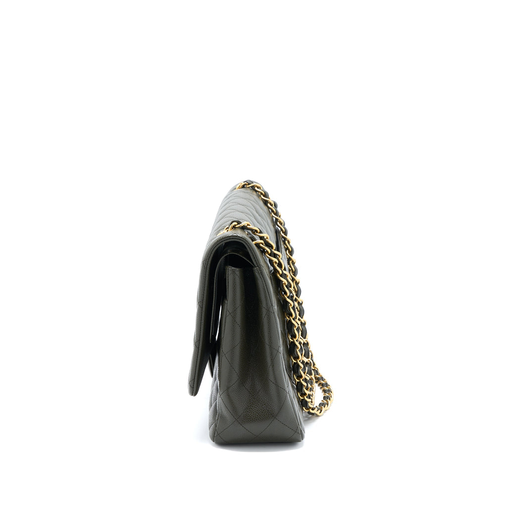 CHANEL MAXI CLASSIC DOUBLE FLAP BAG CAVIAR OLIVE GREEN BRUSHED GHW