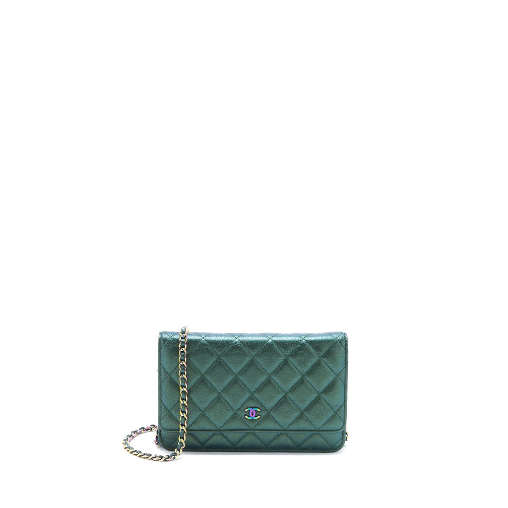 CHANEL CLASSIC WALLET ON CHAIN GOATSKIN IRIDESCENT GREEN RAINBOW HARDWARE