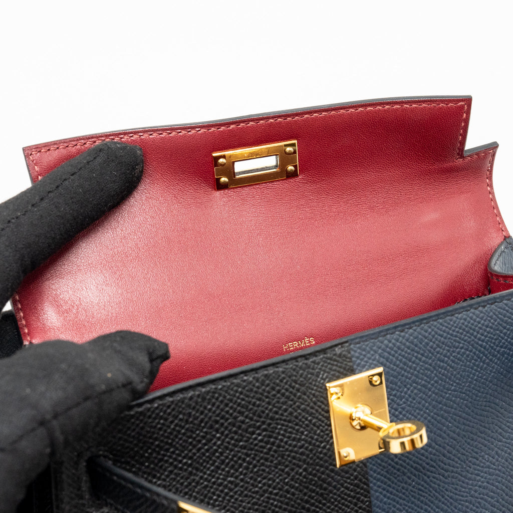 HERMES MINI KELLY II CASAQUE EPSOM BLEU INDIGO/NOIR/ROUGE GRENAT GHW