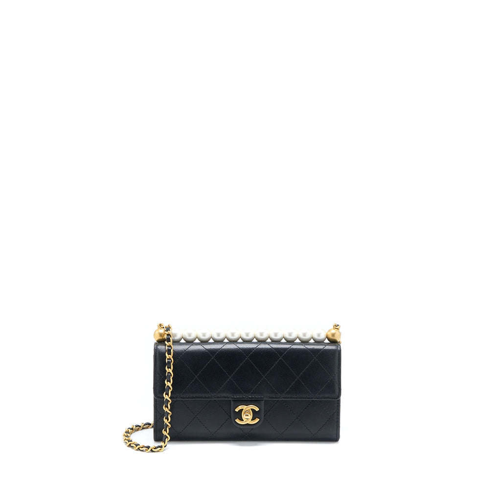 CHANEL PEARL FLAP WALLET ON CHAIN GOATSKIN BLACK GHW